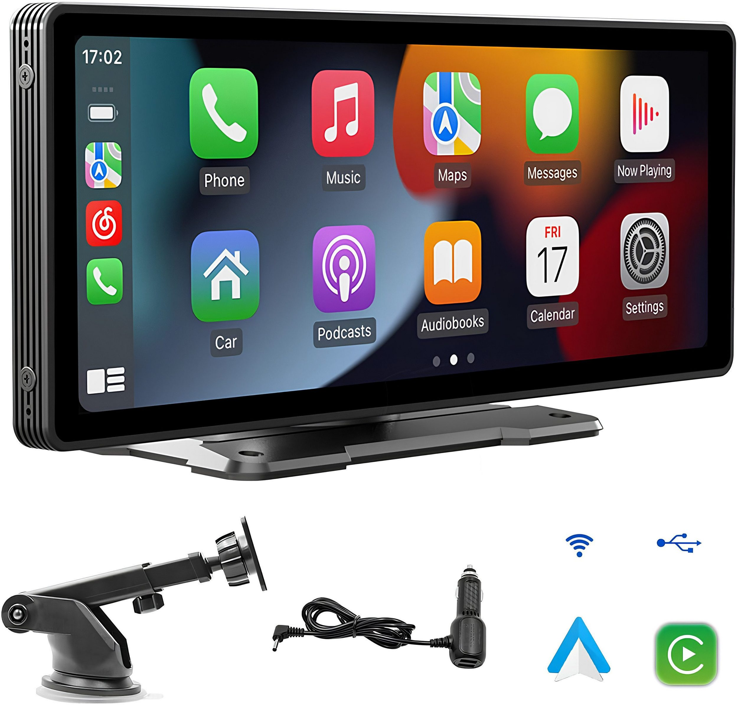 Ein Touchscreen-Gerät mit App-Symbolen, Handyhalterung, Autoladegerät und Kabel.
