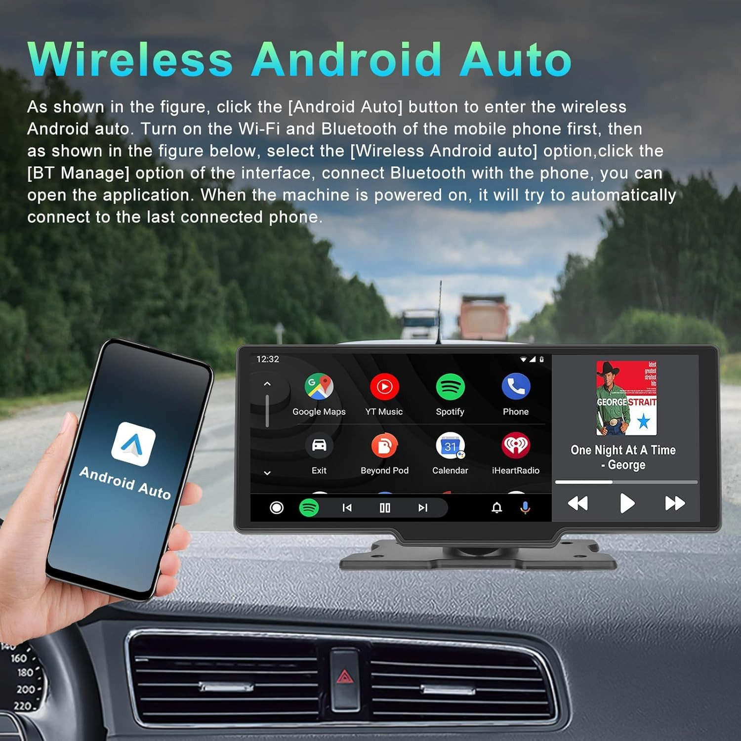 Handy zeigt Android Auto verbindet sich mit Autobildschirm mit Apps wie Google Maps & Spotify.