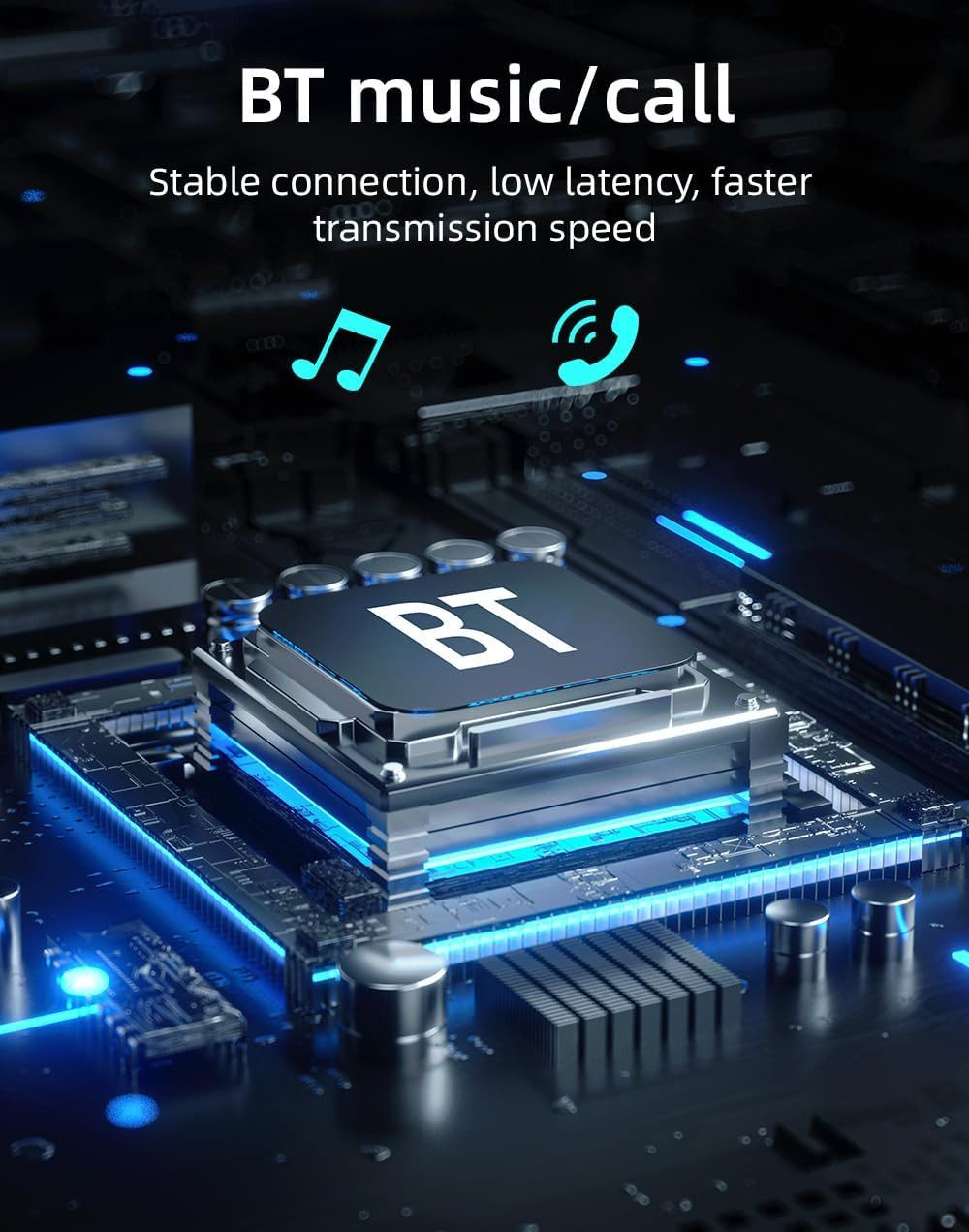 Nahaufnahme eines BT-Chips auf einer Platine mit blauen Lichtern. Musik- und Anrufsymbole.