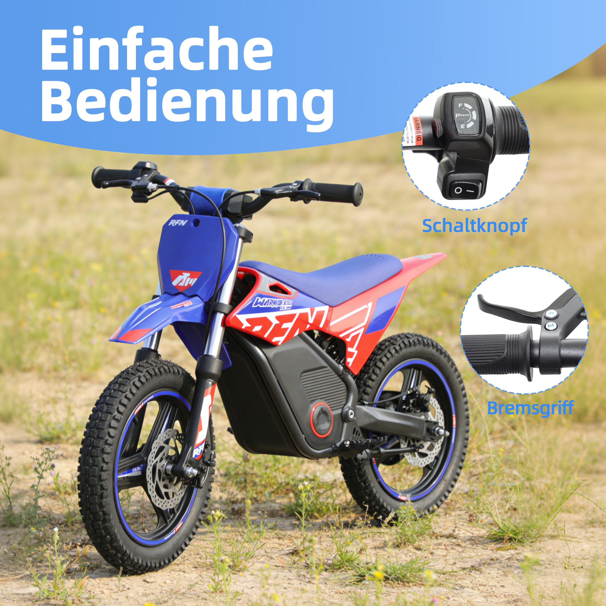 Ein blau-rotes Elektromotorrad mit groben Reifen steht im Gras. Oben rechts sind Bedienelemente.