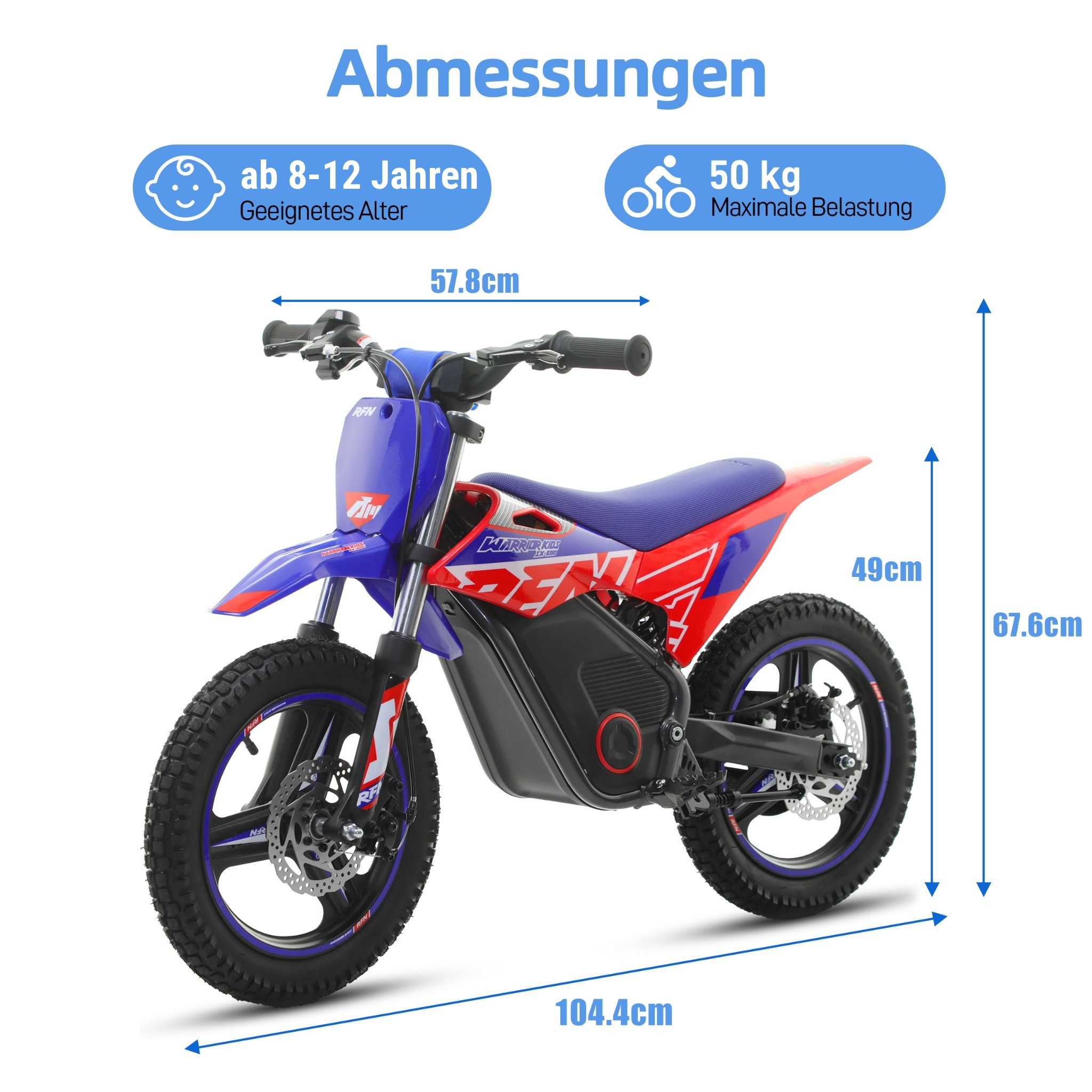 Blau-rotes Elektro-Dirtbike mit Maßen 104,4cm L, 57,8cm B, 67,6cm H.