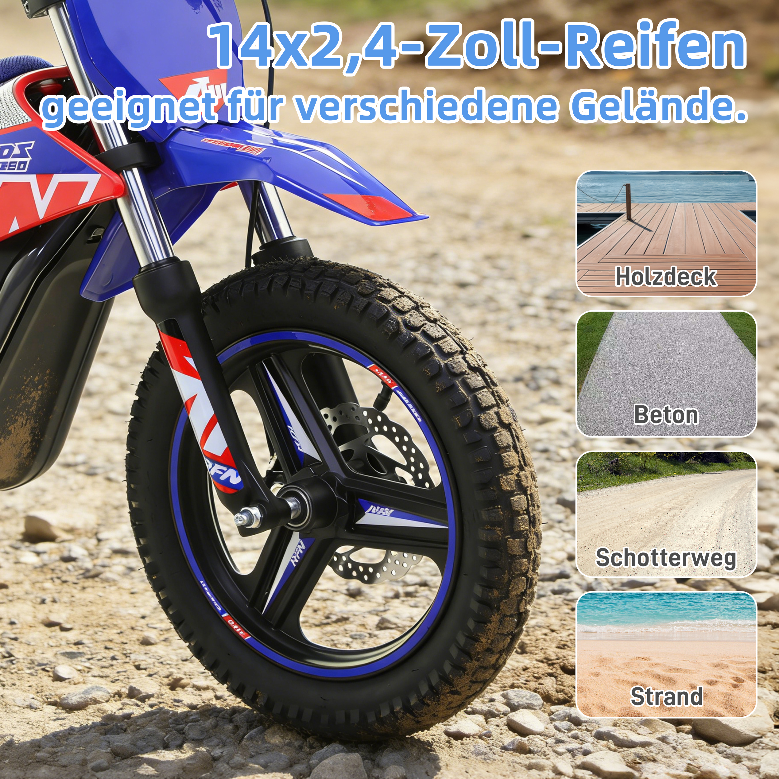 Ein blau-rotes Kinderfahrrad mit breitem Reifen auf Schotter.