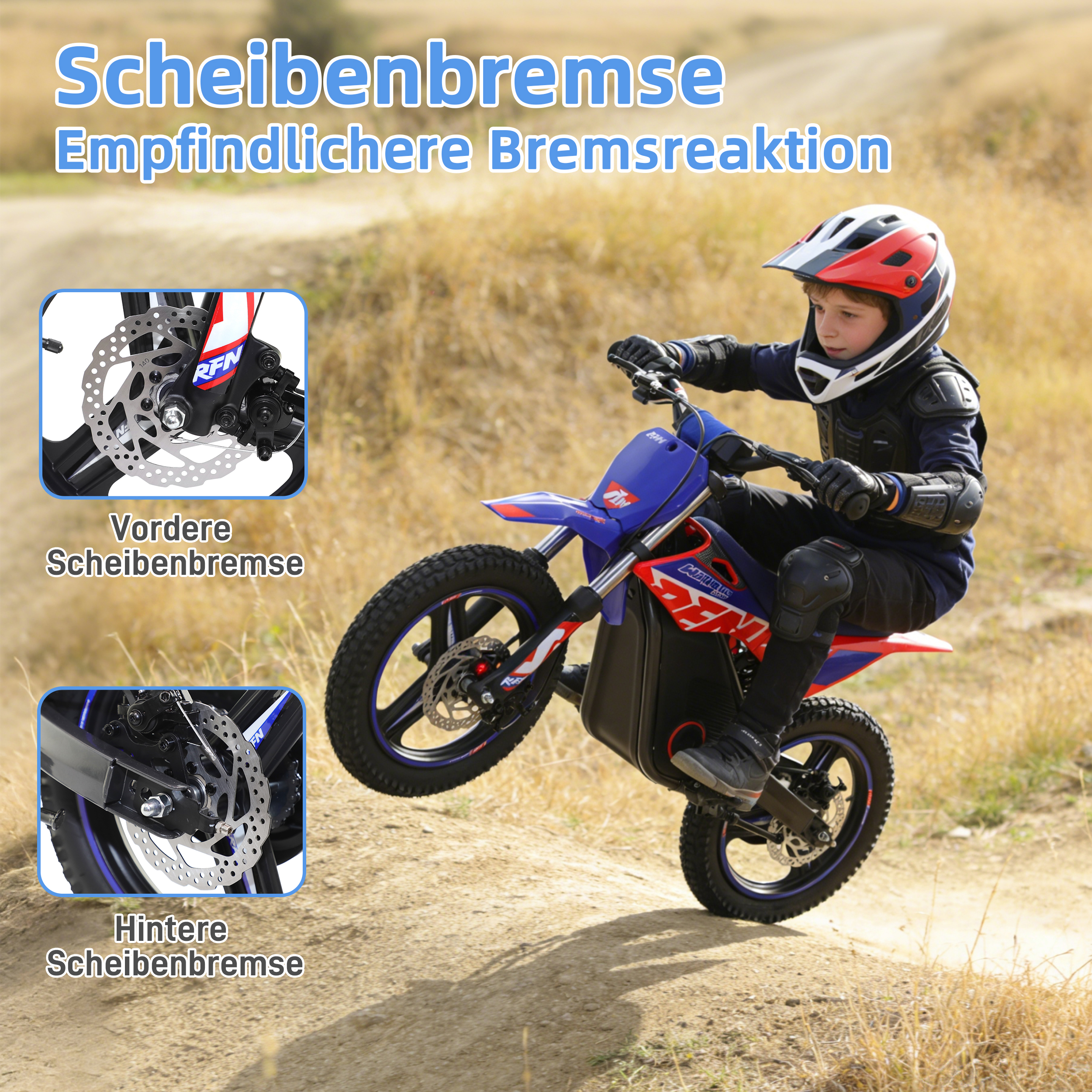 Junge auf blauem Motorrad mit Protektoren fährt auf Schotterweg.