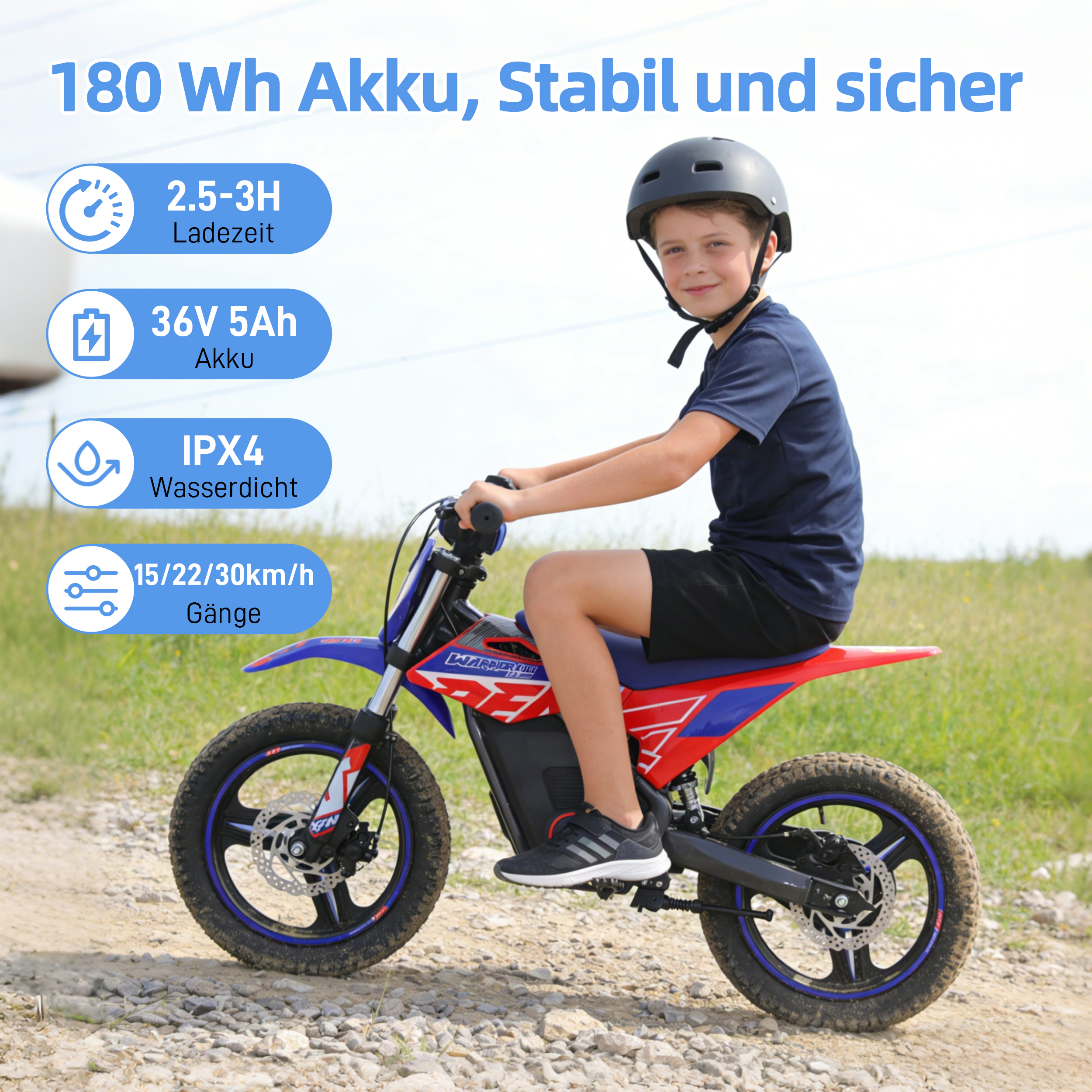 Ein Junge auf einem roten und blauen Elektro-Dirtbike trägt einen Helm. Es gibt Textangaben.