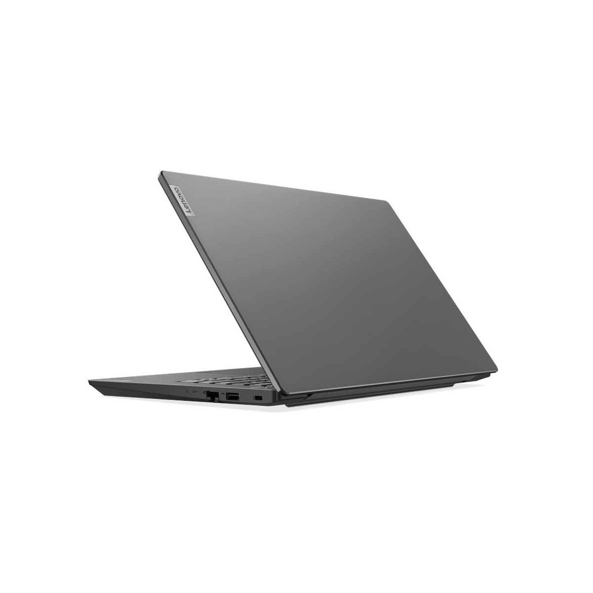 Ein graues Lenovo-Notebook ist geöffnet und steht auf einem weißen Hintergrund.