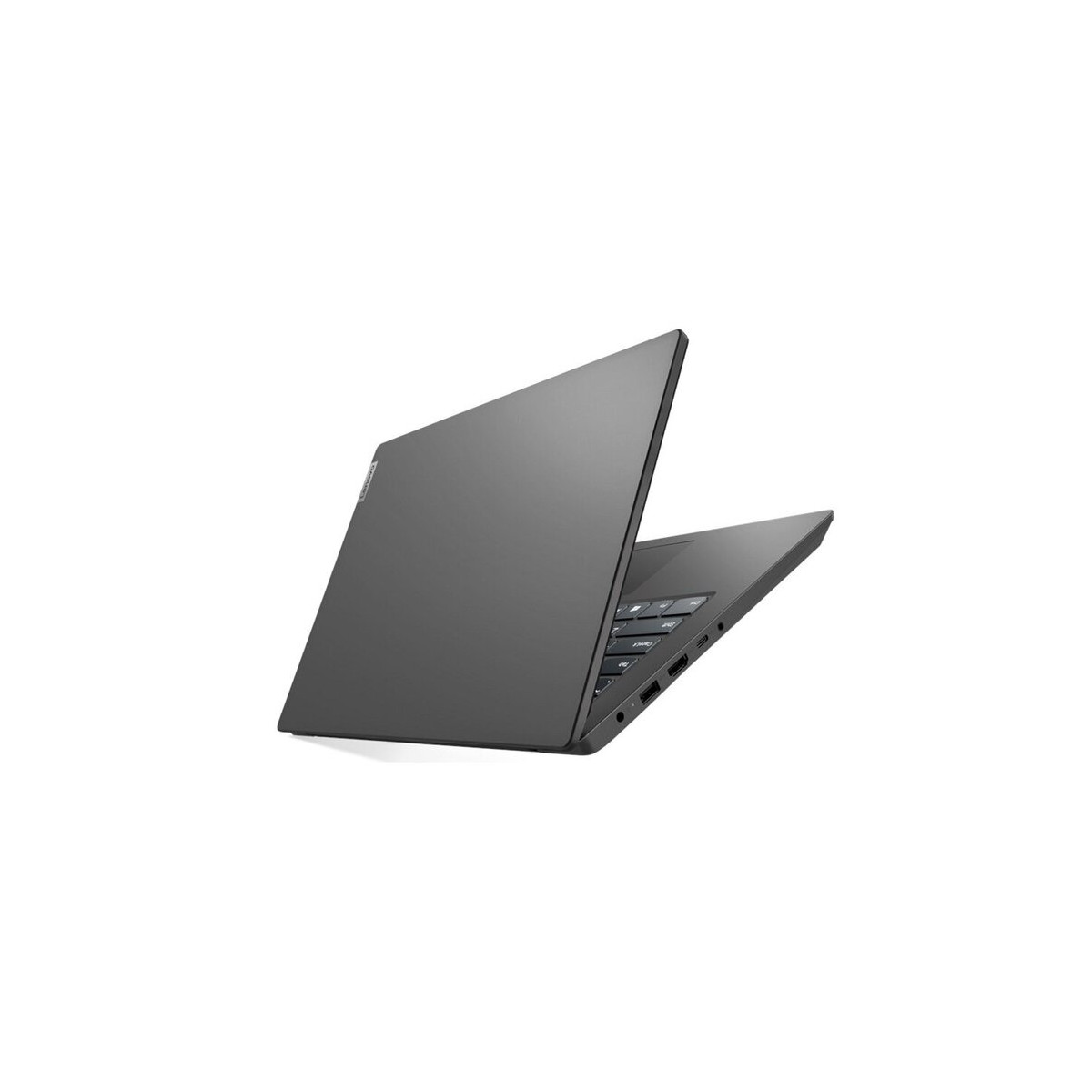 Ein geschlossener, dunkler Laptop mit silbernem Lenovo-Logo, von der Seite gesehen.