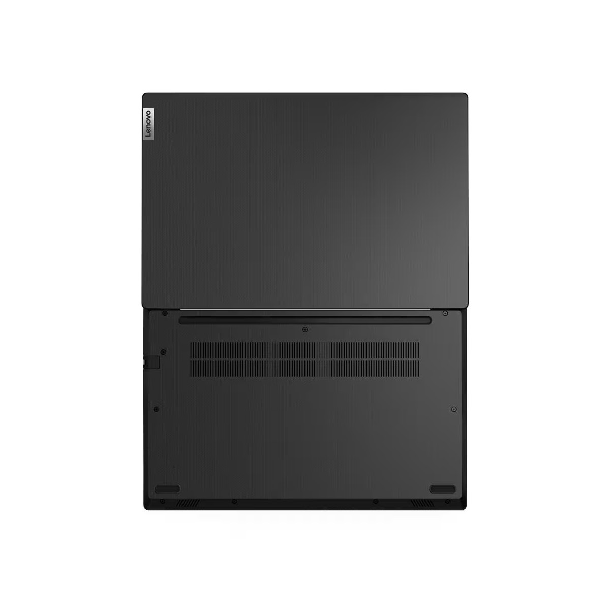 Die Unterseite eines geschlossenen schwarzen Lenovo Laptops mit Lüftungsschlitzen.