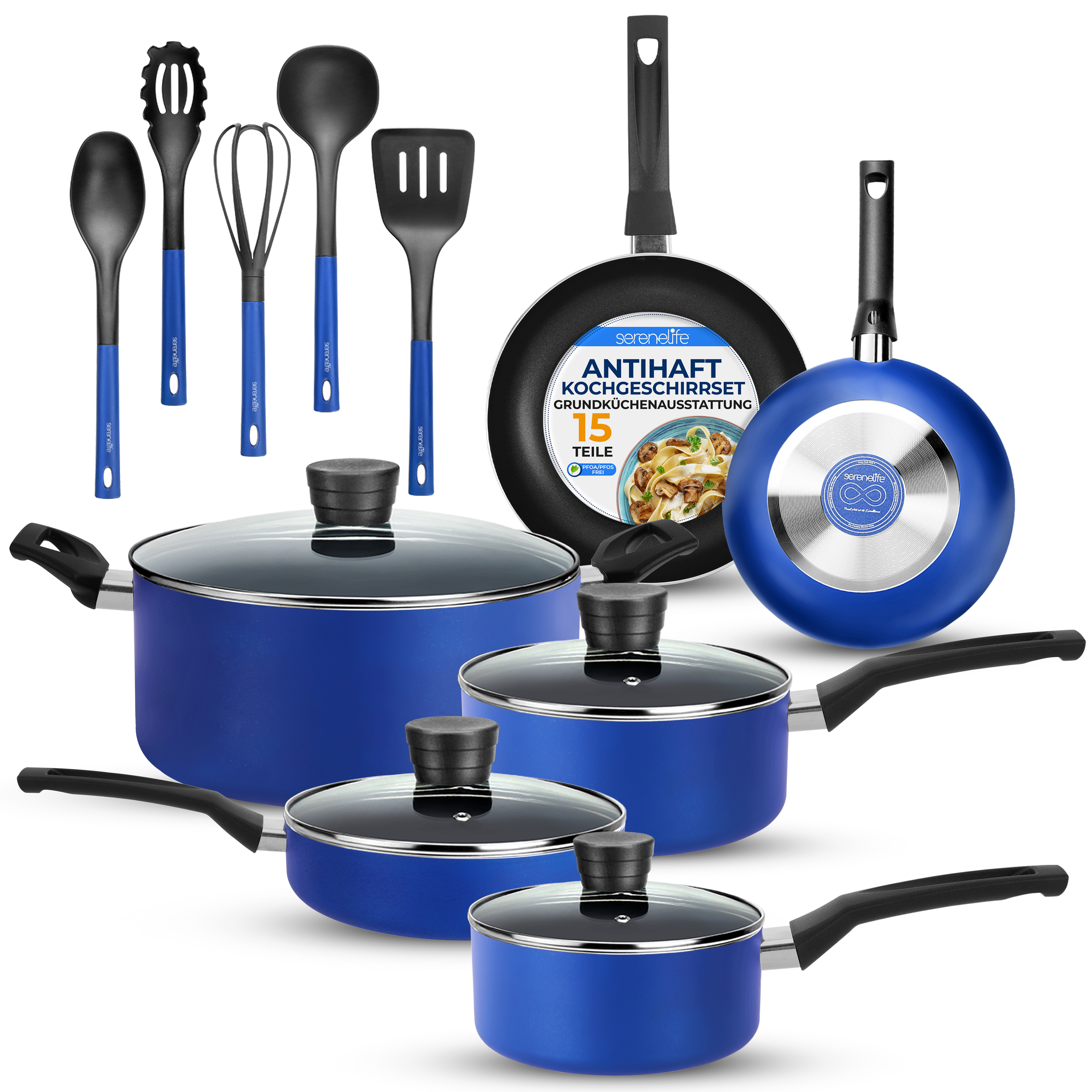 Ein Set blauer Kochutensilien mit Töpfen, Pfannen und Werkzeugen auf weißem Hintergrund.