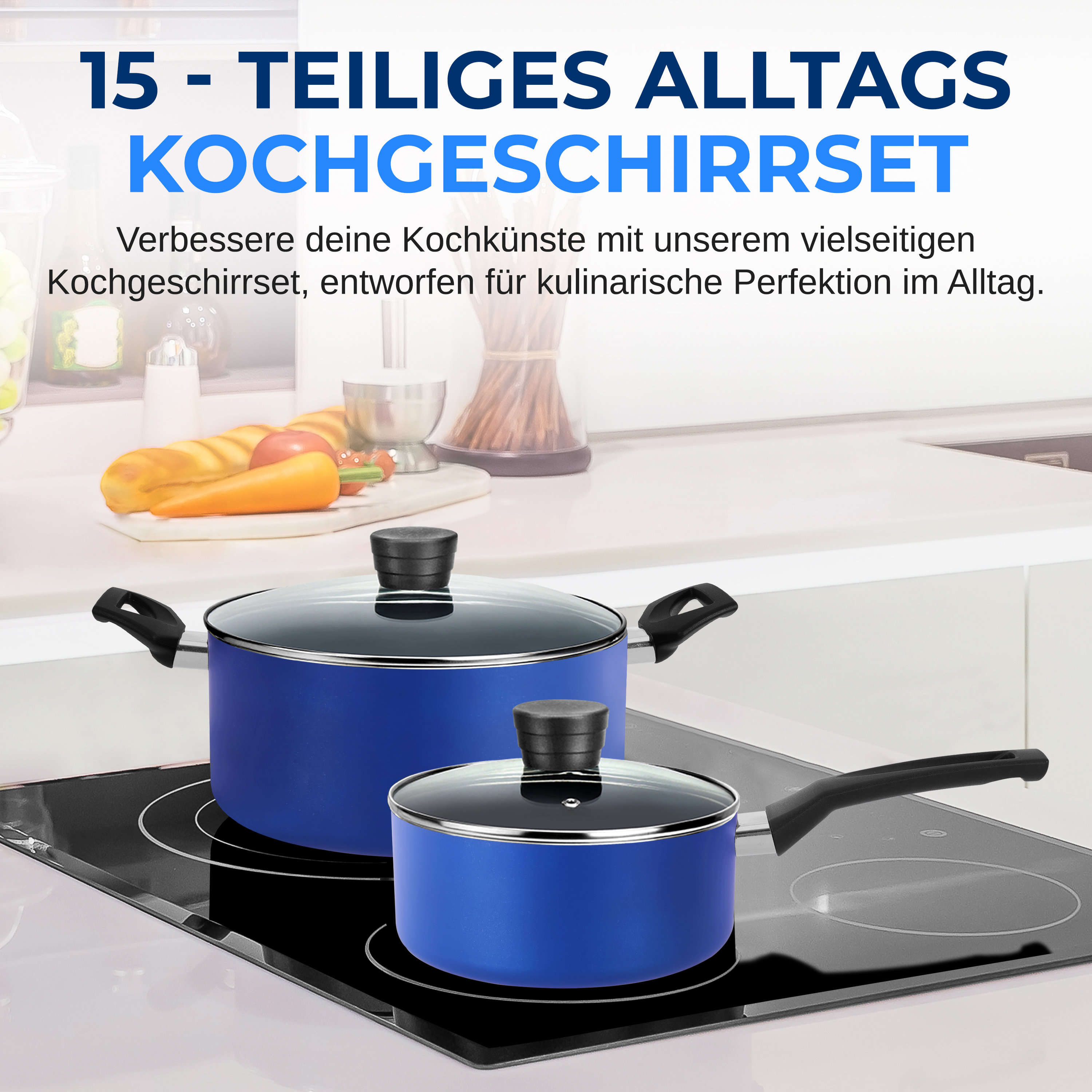 Zwei blaue Kochtopfe mit Glasdeckeln stehen auf einem Induktionskochfeld.