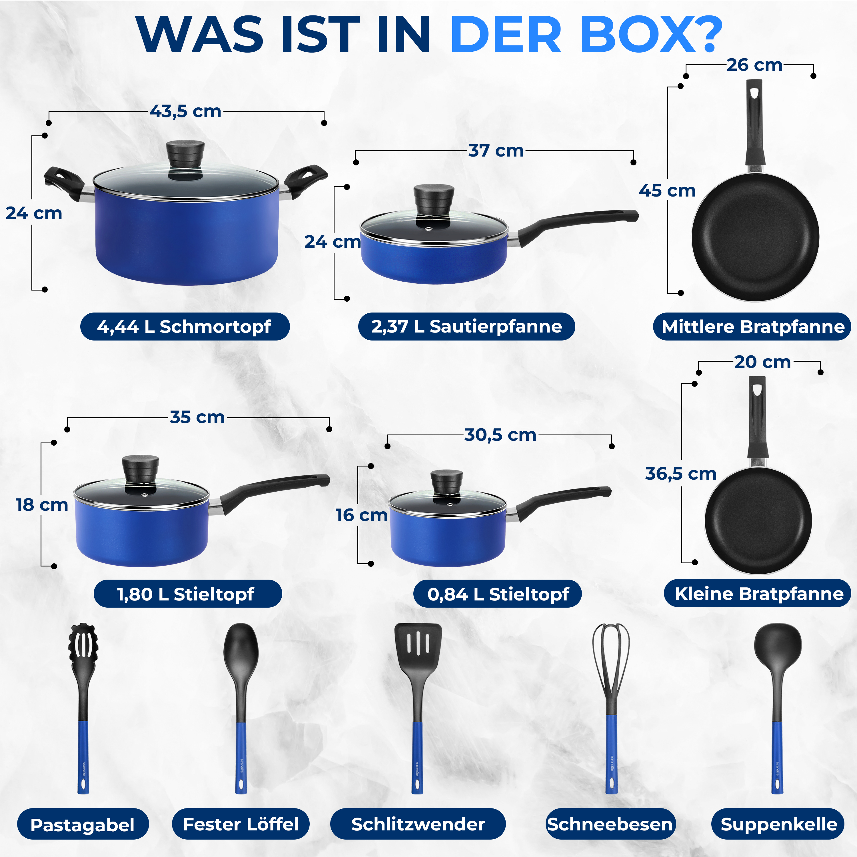 Ein Set blauer Kochutensilien und Pfannen mit Maßen.