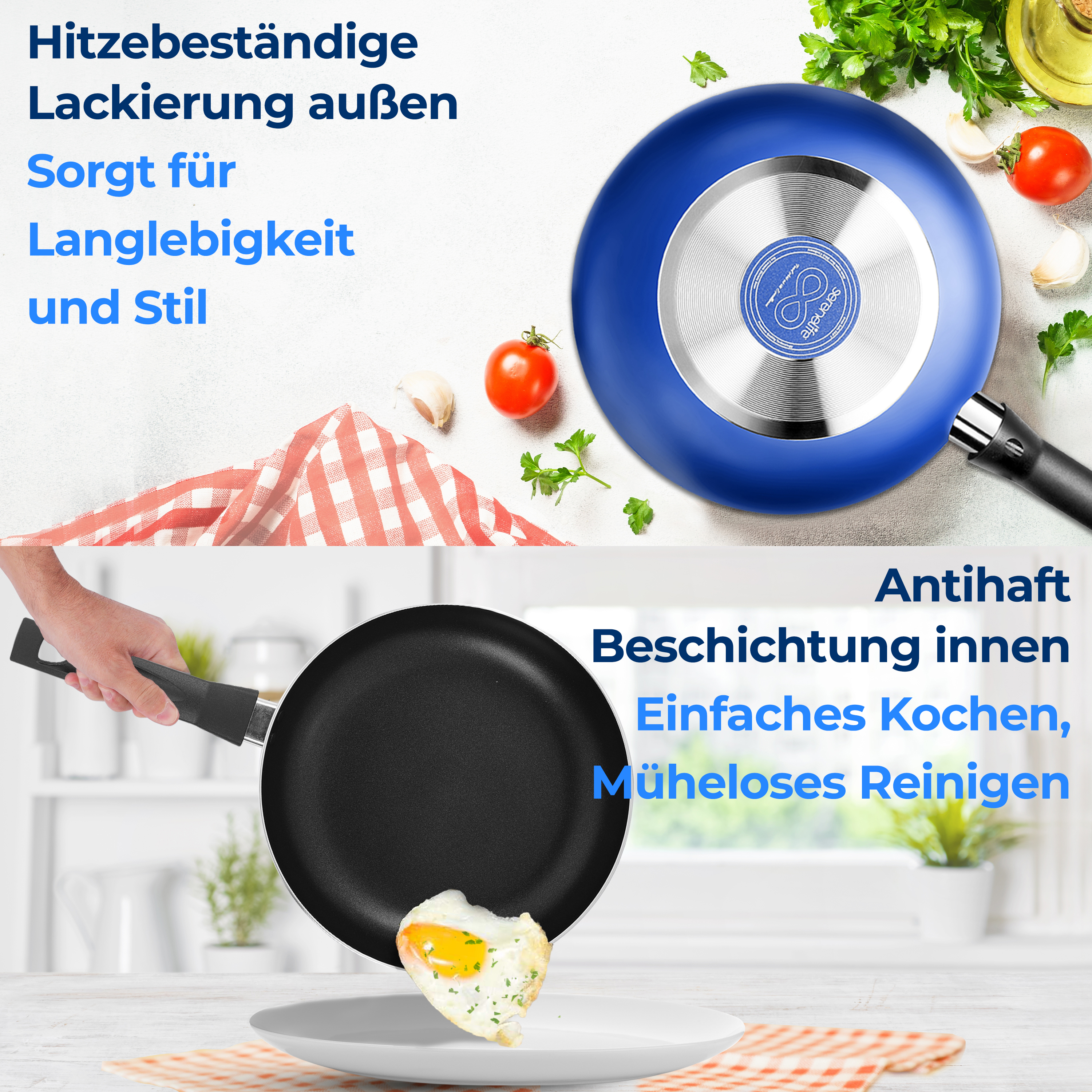 Eine blaue Pfanne mit Kochzutaten und ein Herz-Spiegelei auf einem Teller.