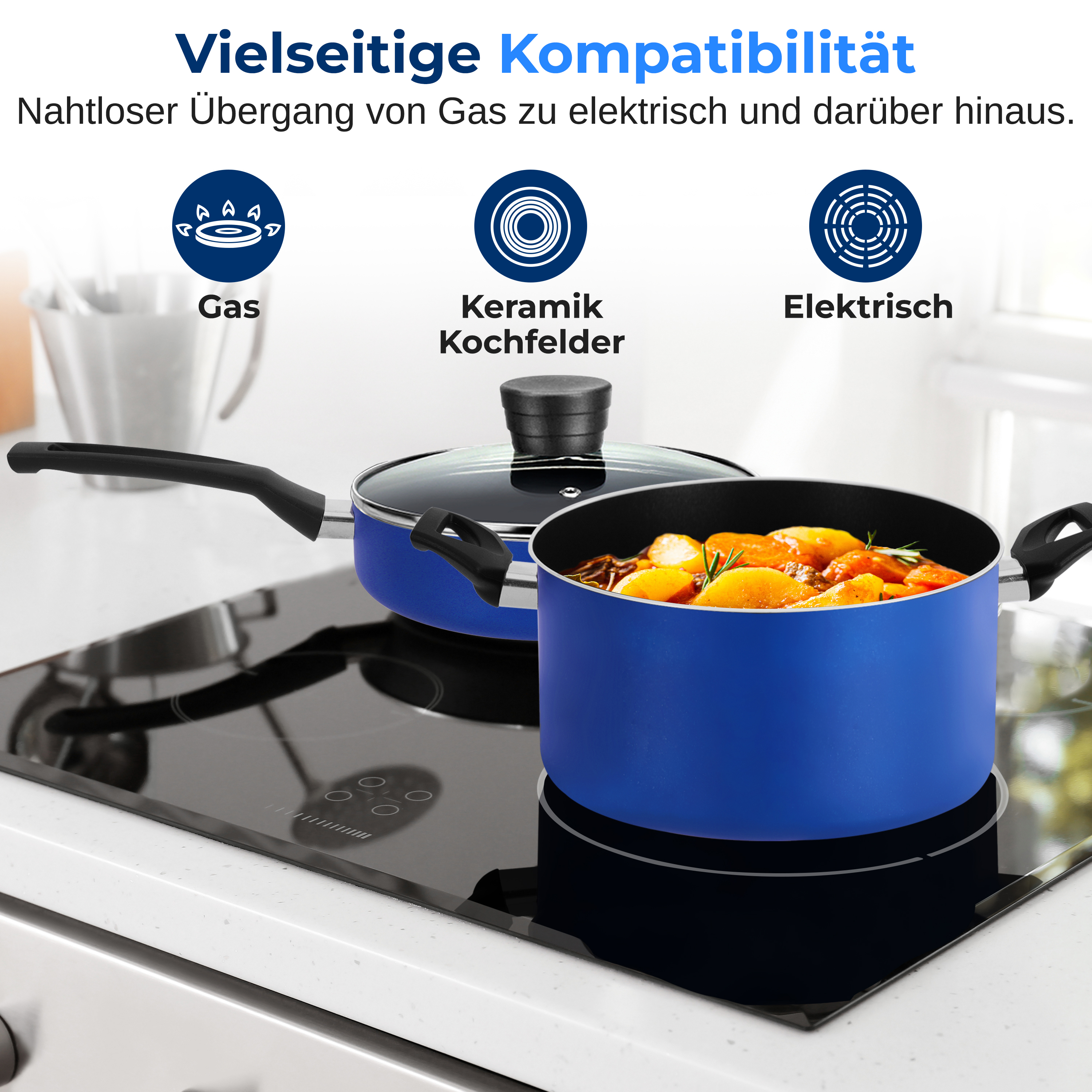 Blaue Töpfe auf einem Induktionskochfeld mit Symbolen für Gas, Keramik und Elektro.