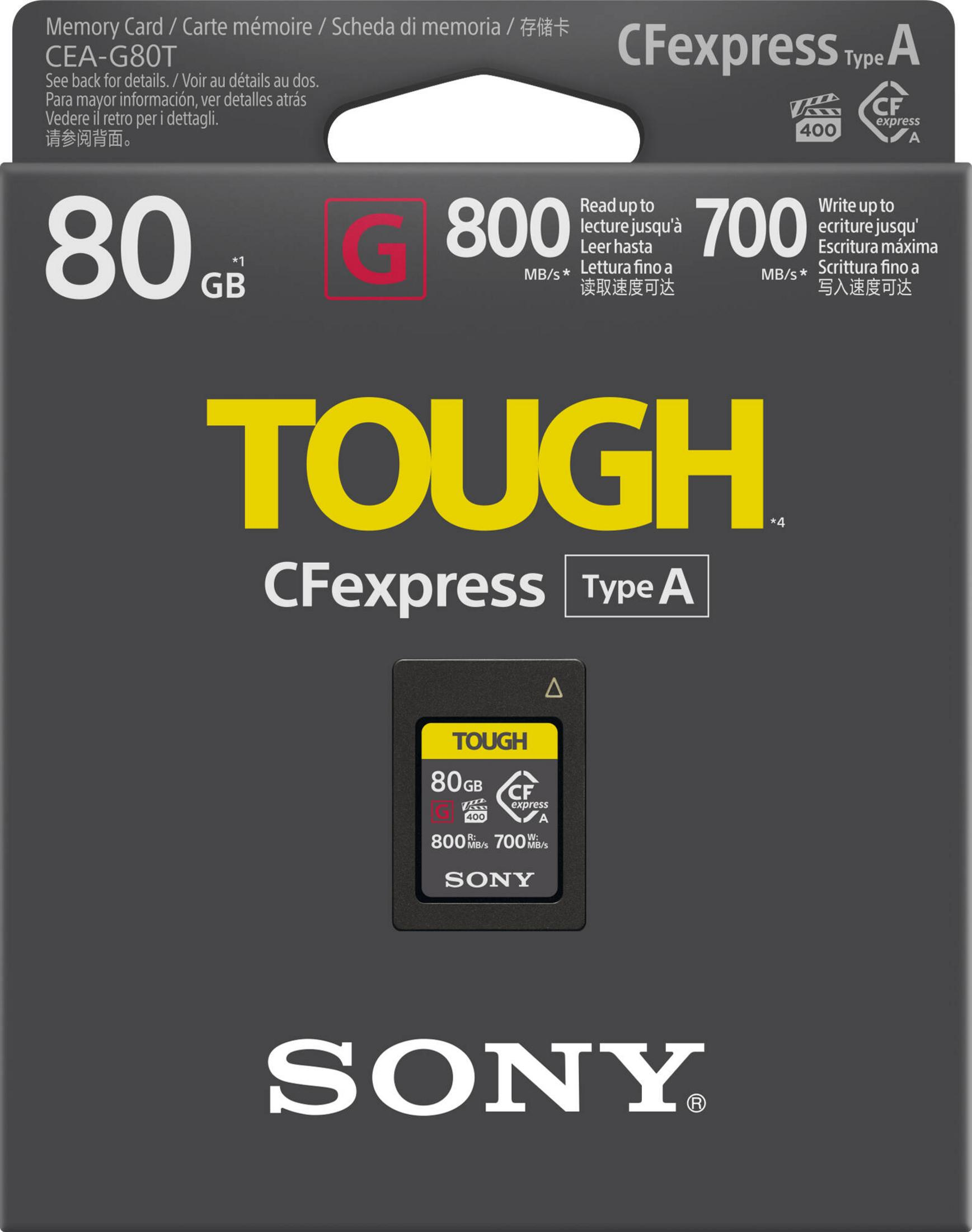 Scheda memoria Sony CFexpress Type A, 80GB, TOUGH, lettura 800MB/s, scrittura 700MB/s.