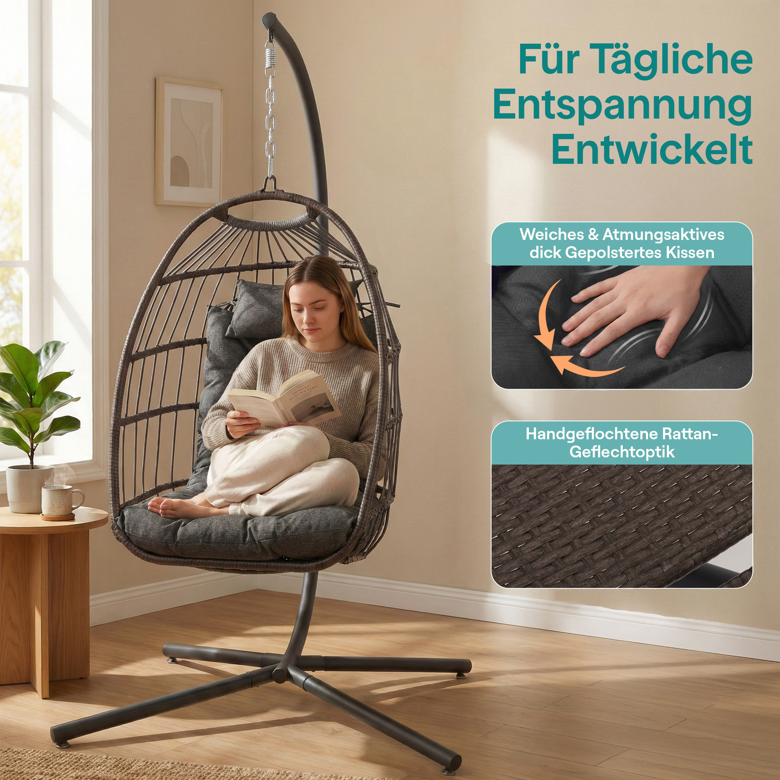 Eine Frau liest in einem Hängesessel mit Kissen. daneben ein Tisch mit Pflanze und Tasse.