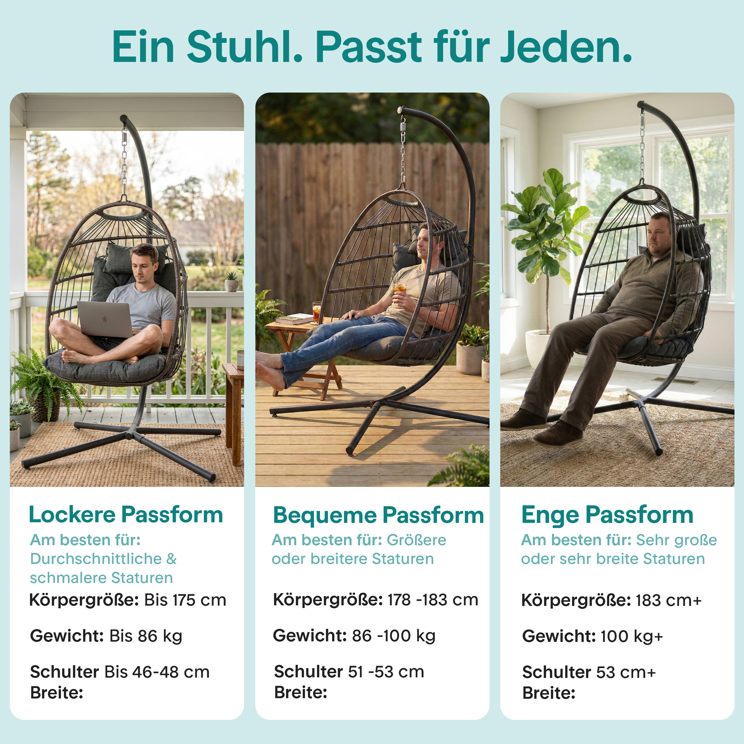 Ein Mann sitzt in einem Hängekorbstuhl auf einer Veranda, ein anderer auf einem Terrassendeck, ein dritter drinnen.