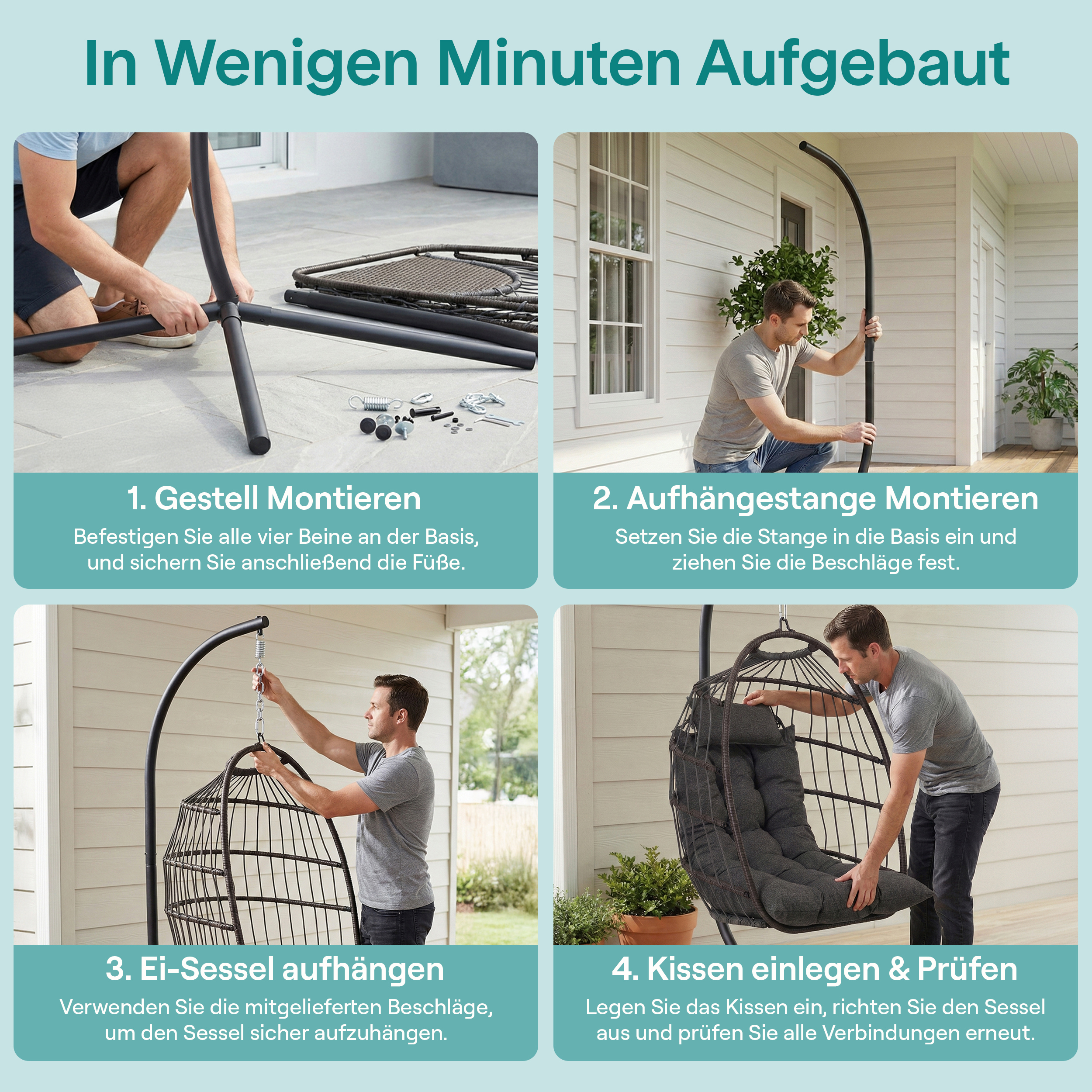 Vier Bilder zeigen den Aufbau eines Hängesessels. Mann montiert Gestell, Stange, hängt Sessel auf und legt Kissen ein.