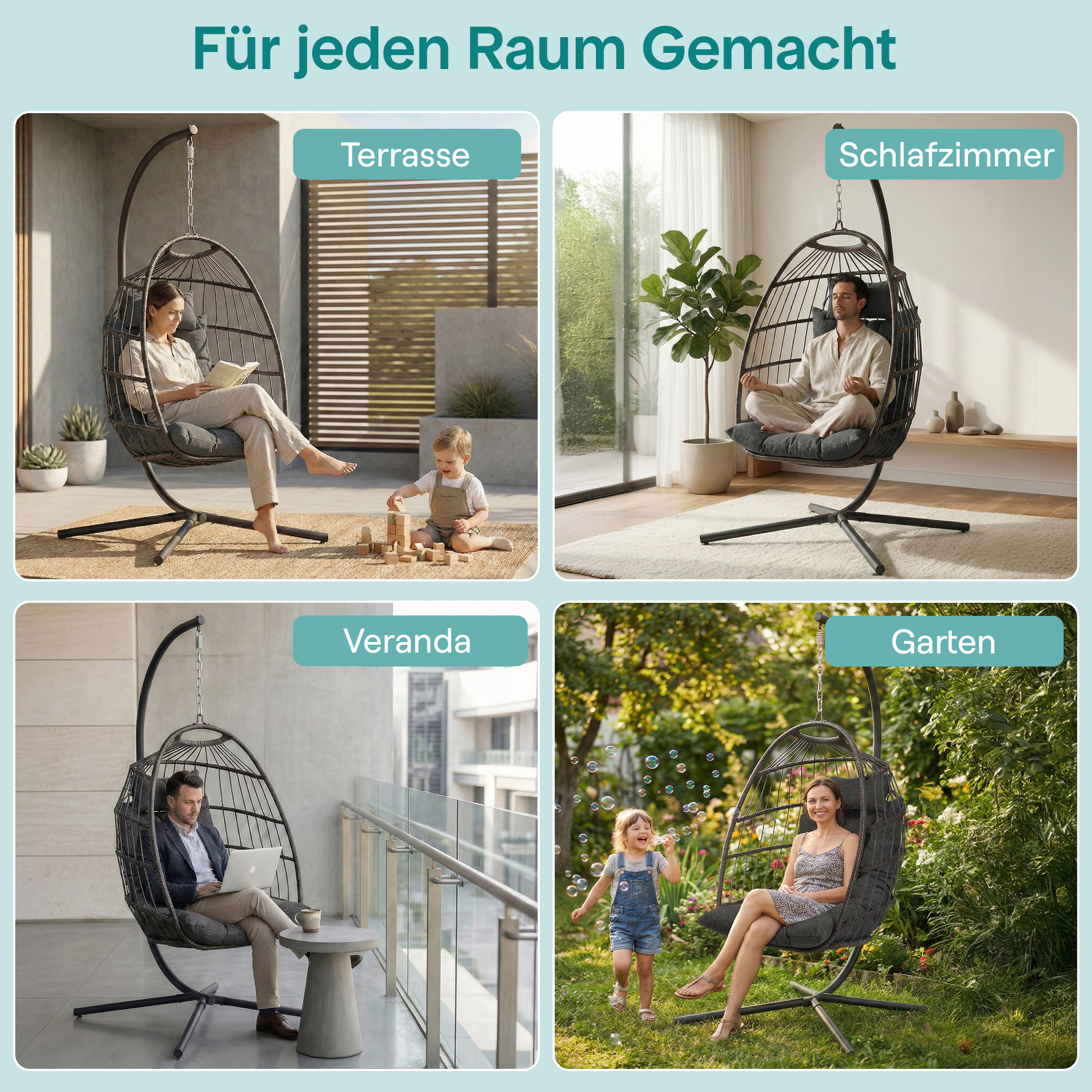 Vier Szenen zeigen Hängesessel in verschiedenen Umgebungen: Terrasse, Schlafzimmer, Veranda, Garten.