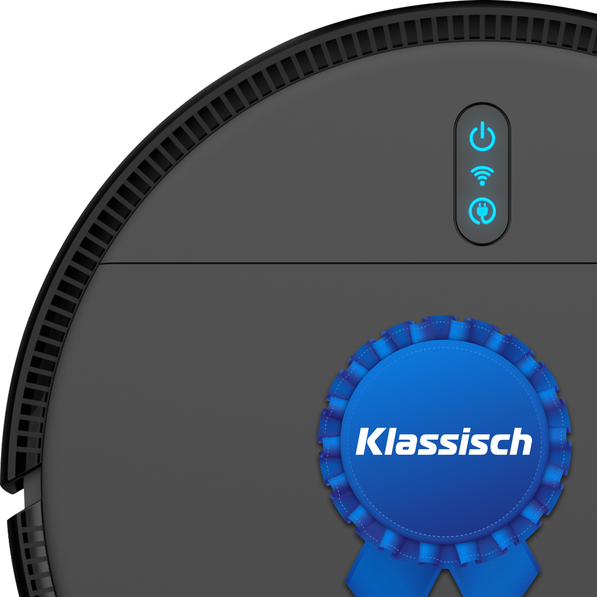 Schwarzer Saugroboter mit blauer Trophäen-Plakette und beleuchteten Symbolen.