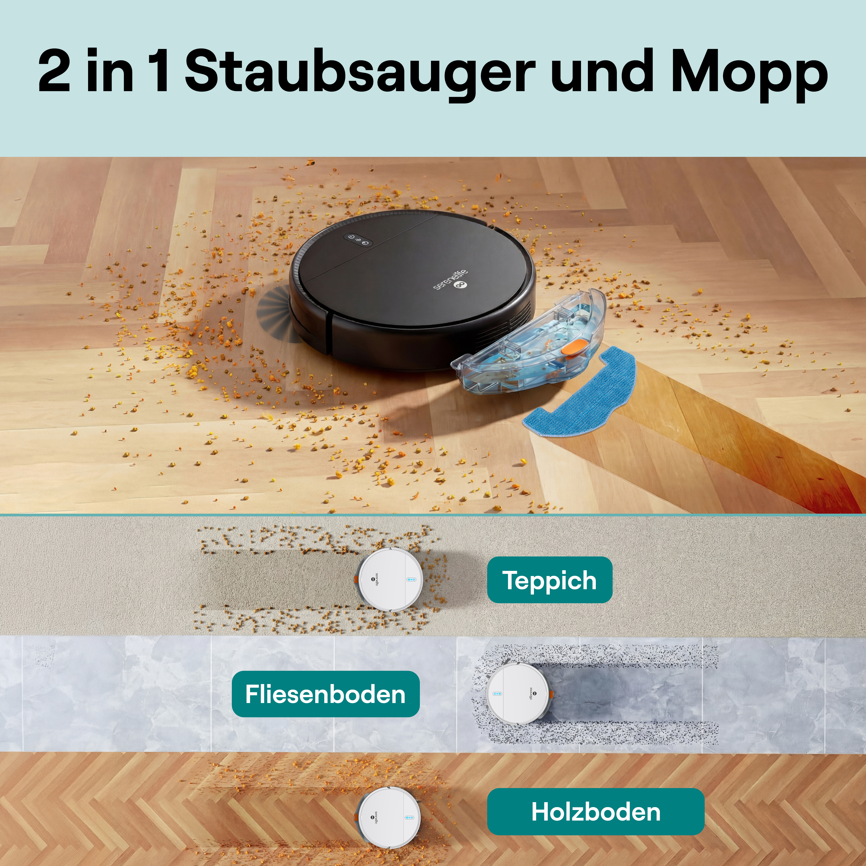 Ein Saug- und Wischroboter reinigt verschiedene Böden wie Teppich, Fliesen und Holz.