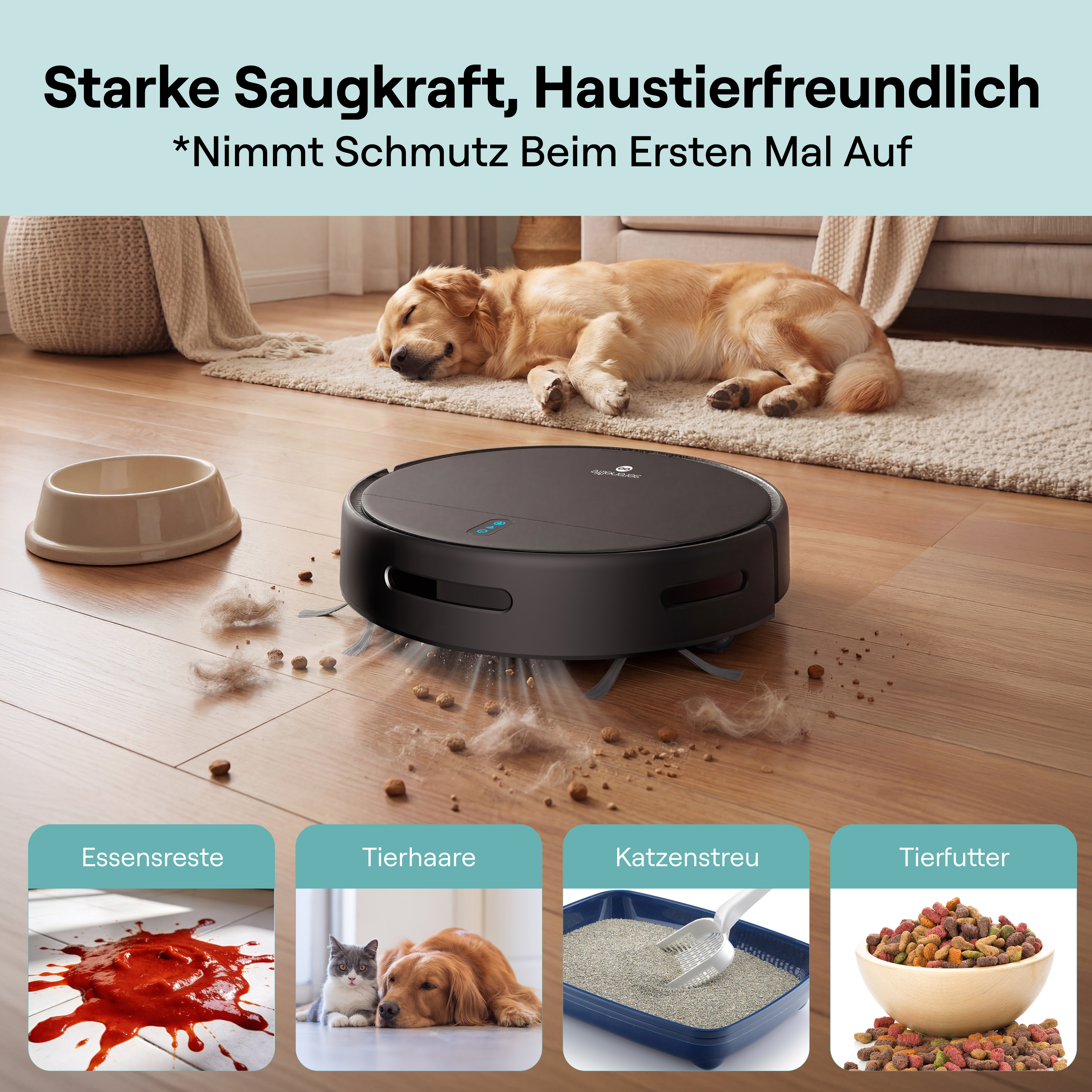 Ein Saugroboter reinigt Holzfußboden mit Hundehaaren und Futterresten.