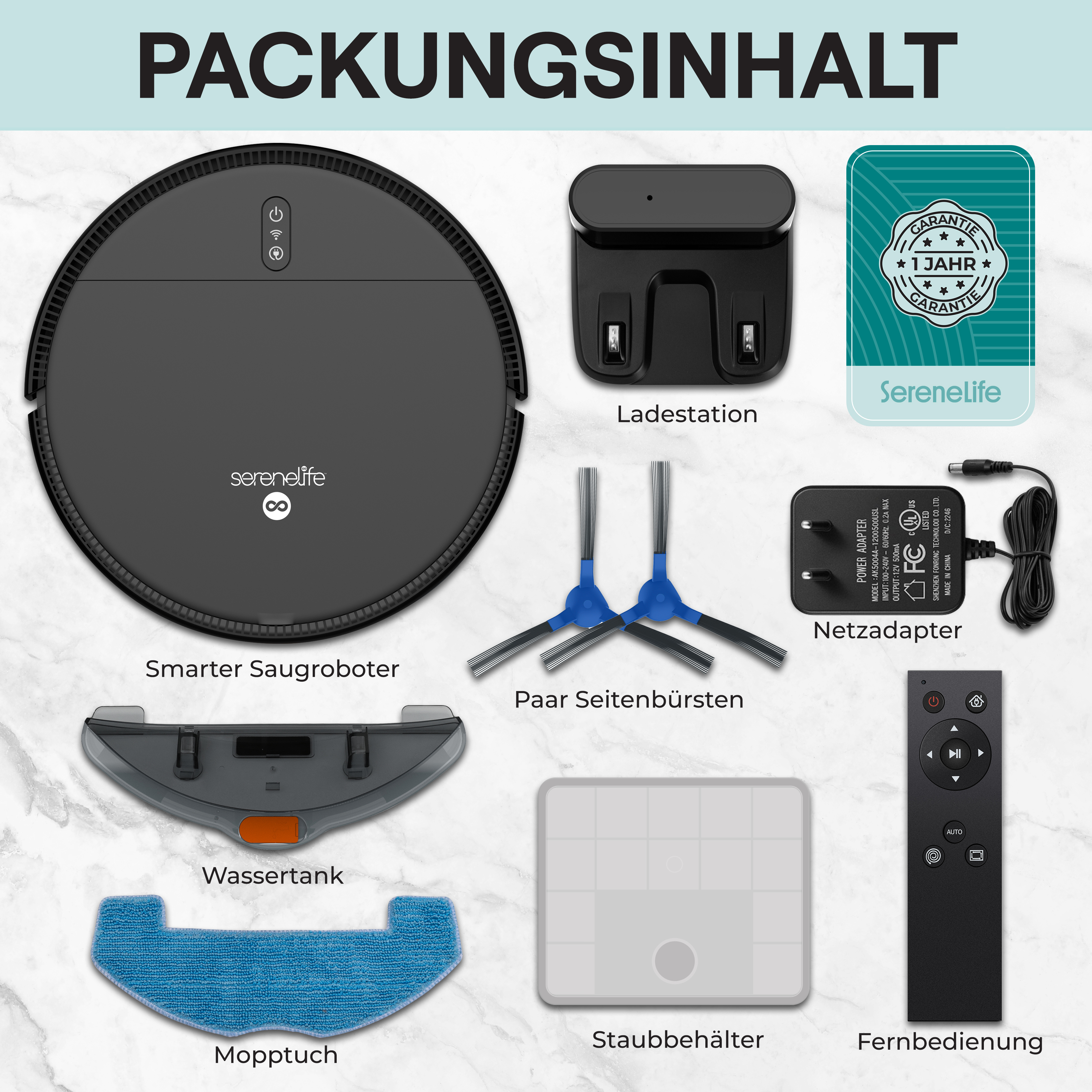 Packungsinhalt: Saugroboter, Ladestation, Netzadapter, Bürsten, Wassertank, Staubbehälter, Mopptuch, Fernbedienung.