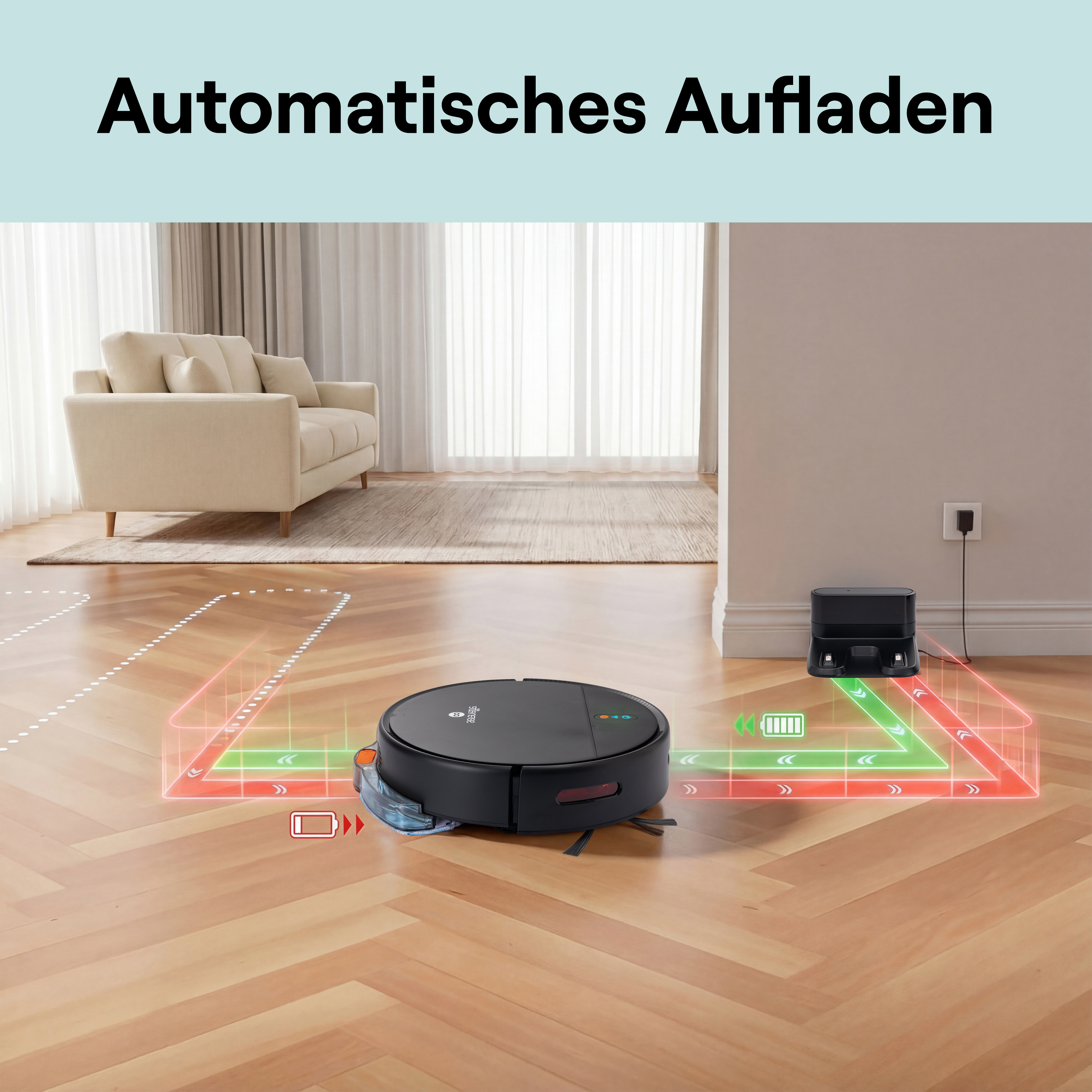 Ein Saugroboter lädt automatisch auf einer Ladestation in einem Wohnzimmer.