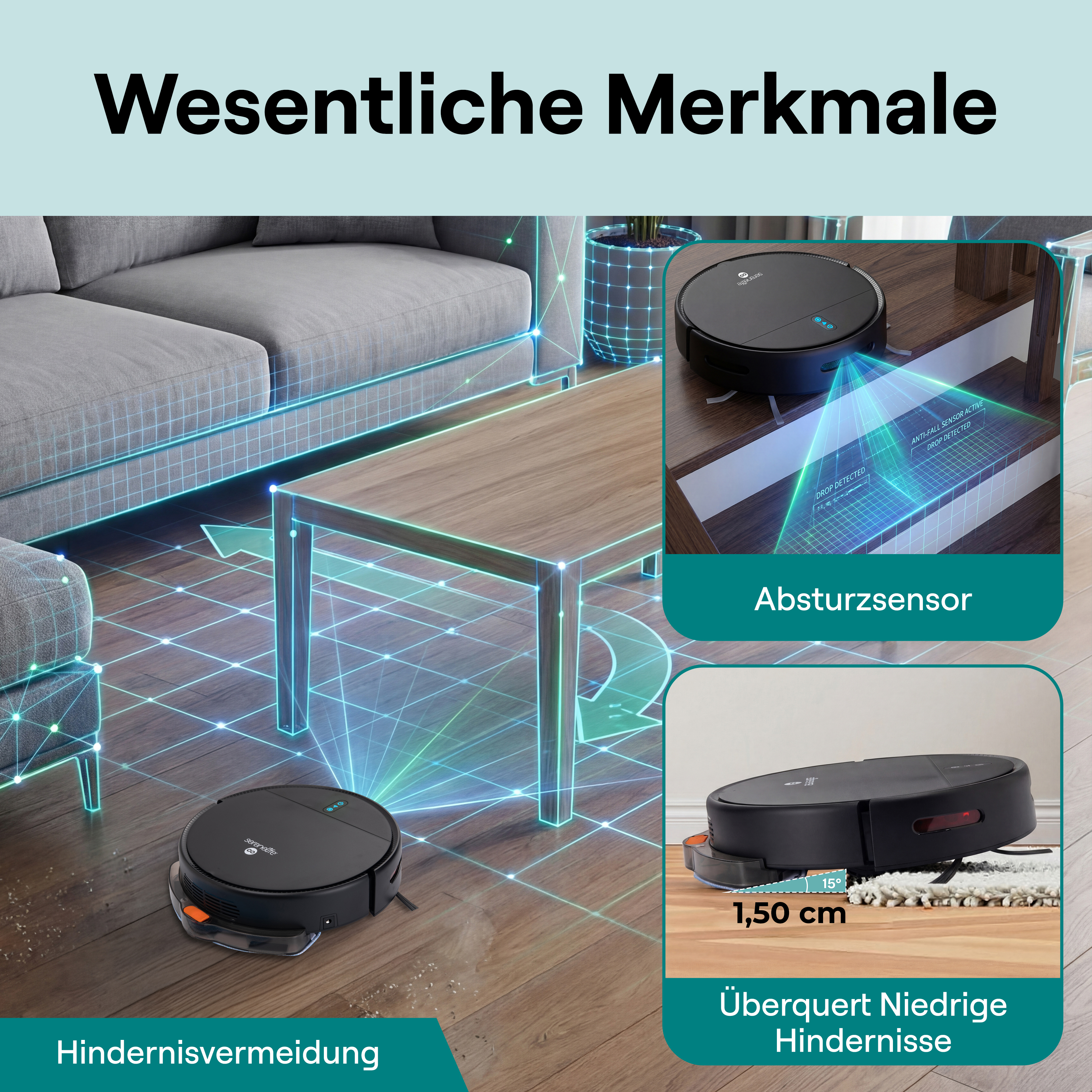 Roboter saugt und überquert Hindernisse, mit Absturzsensor.