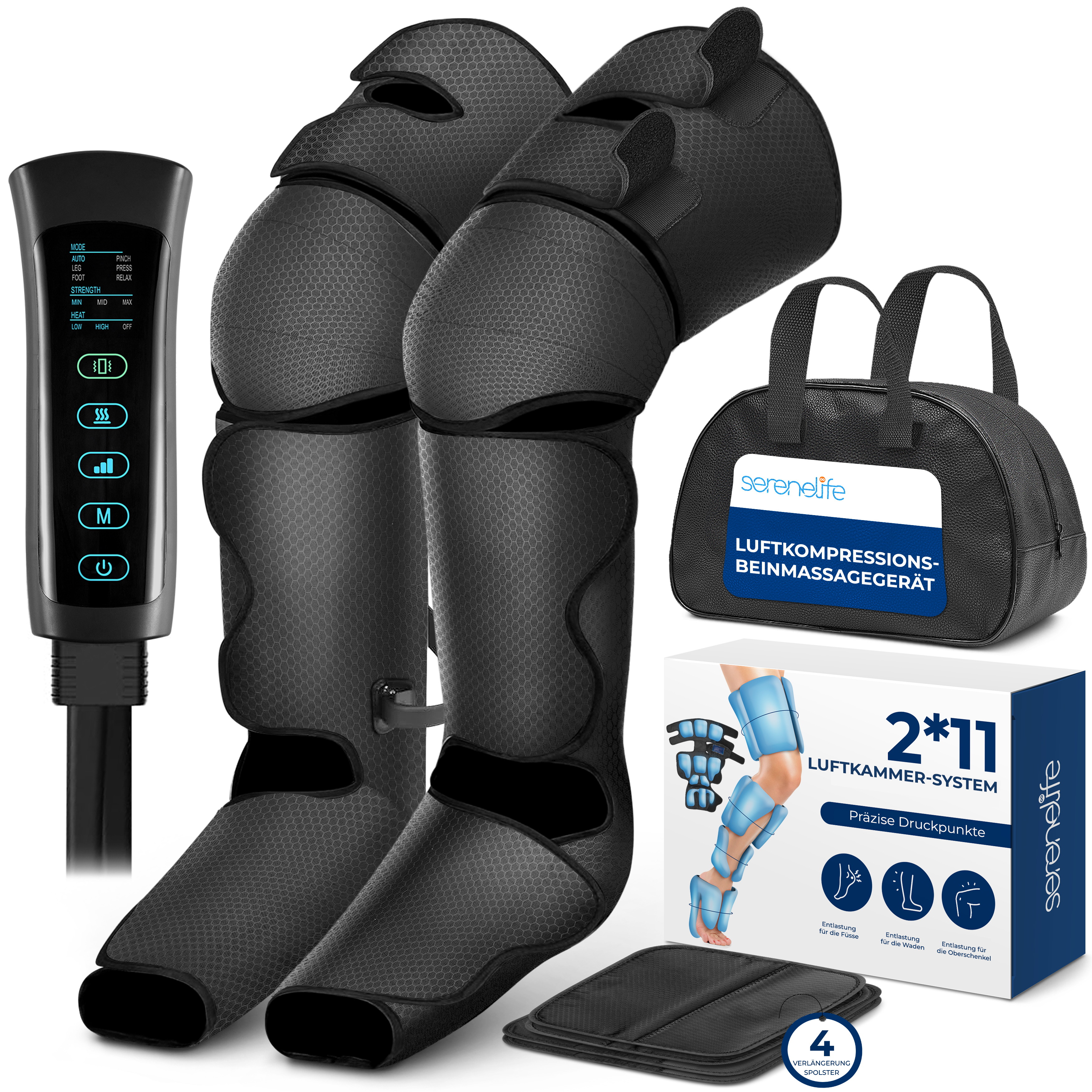 Una coppia di massaggiatori per gambe a compressione neri con telecomando e borsa.