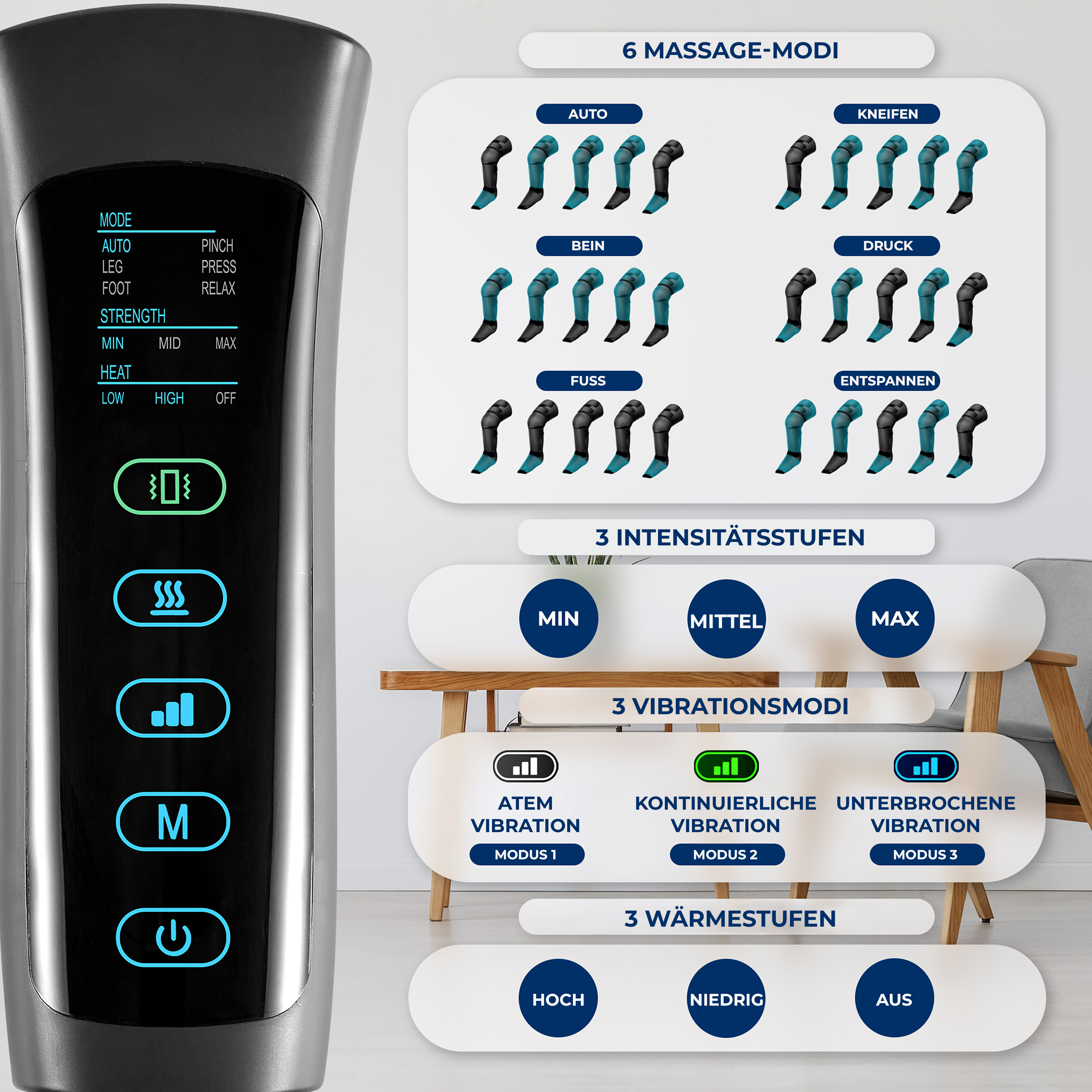 Dispositivo con modalità massaggio, livelli intensità, modalità vibrazione e calore.