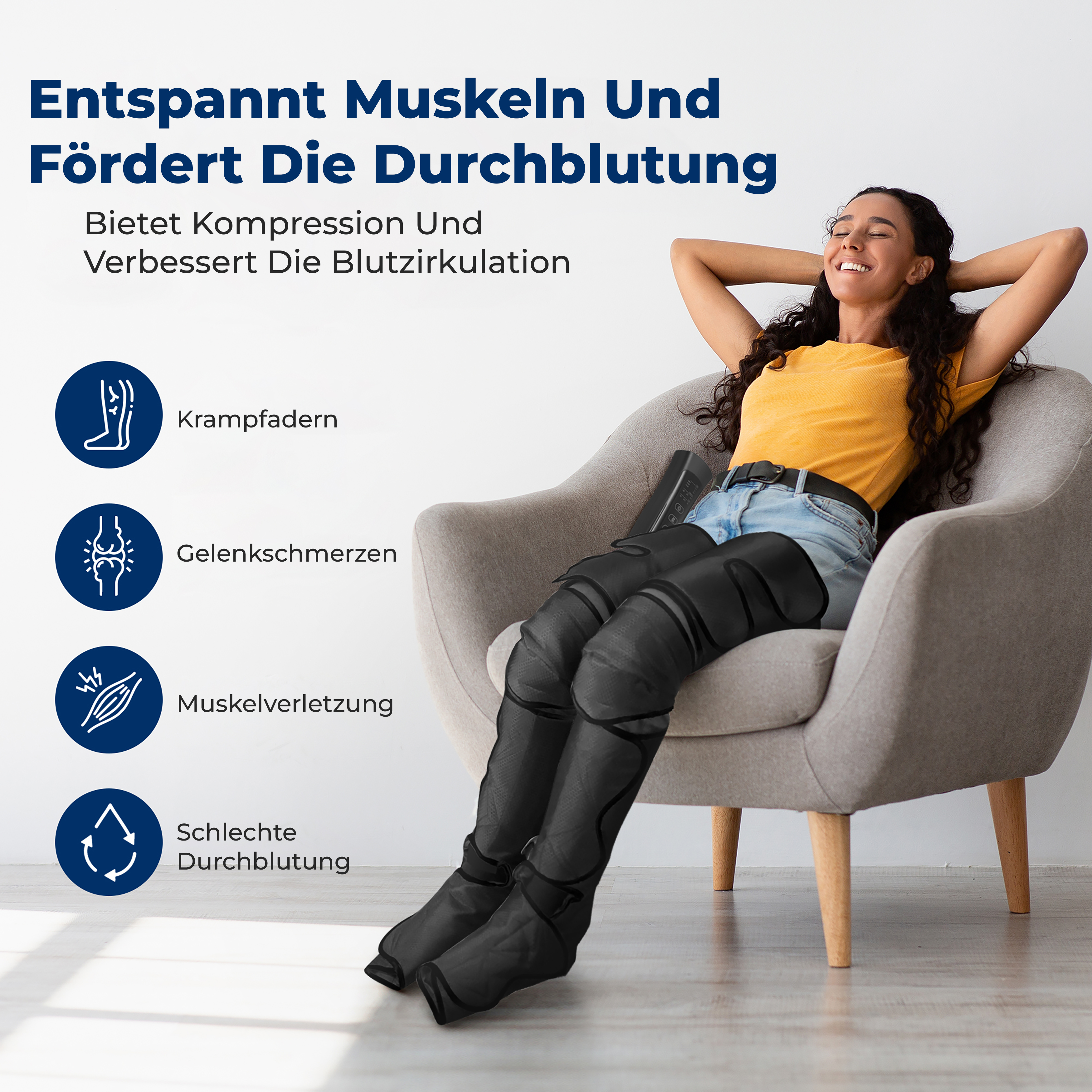 Donna in poltrona con massaggi gambe rilassata.