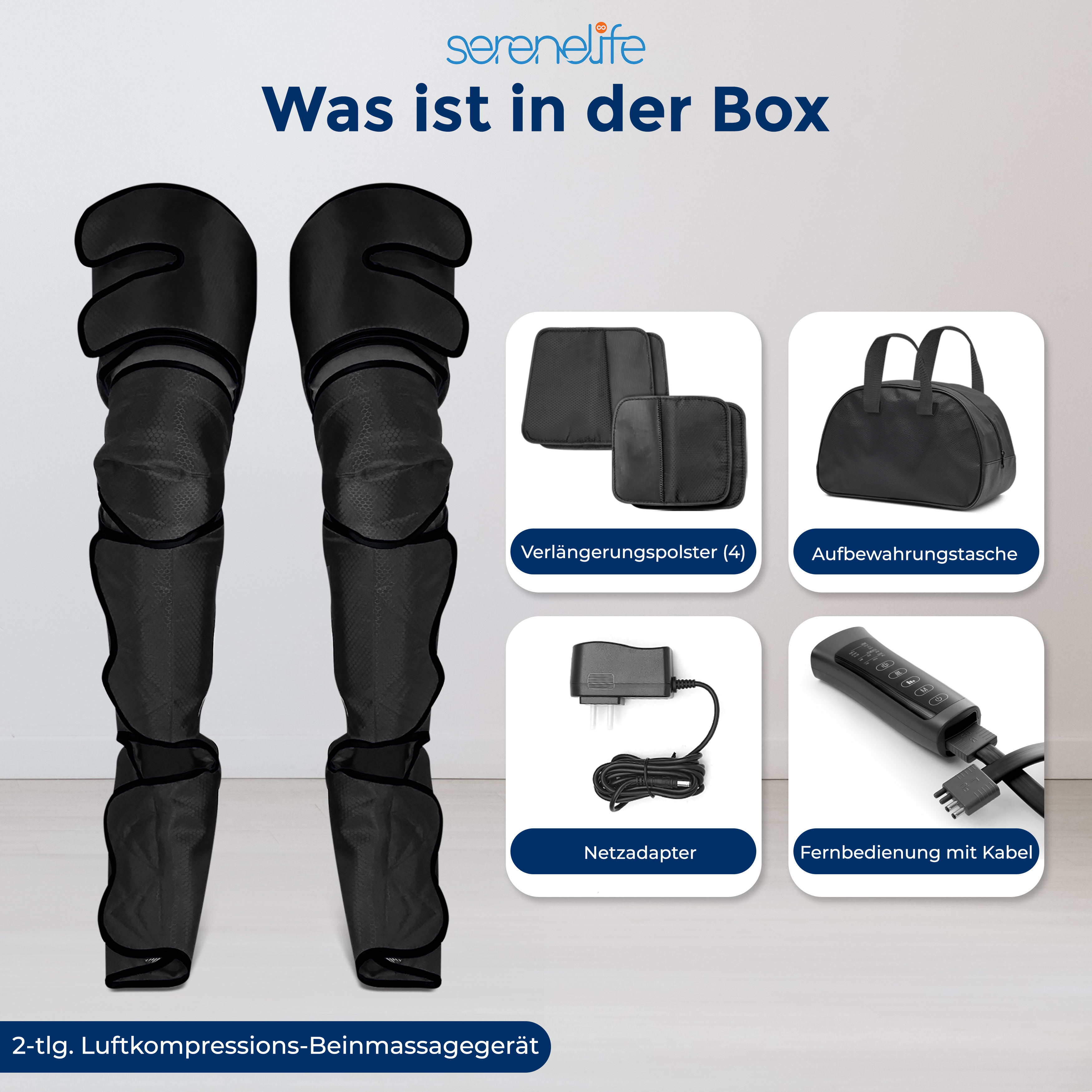 Massaggiatore gambe nero con accessori: cuscini, borsa, adattatore di corrente, telecomando.
