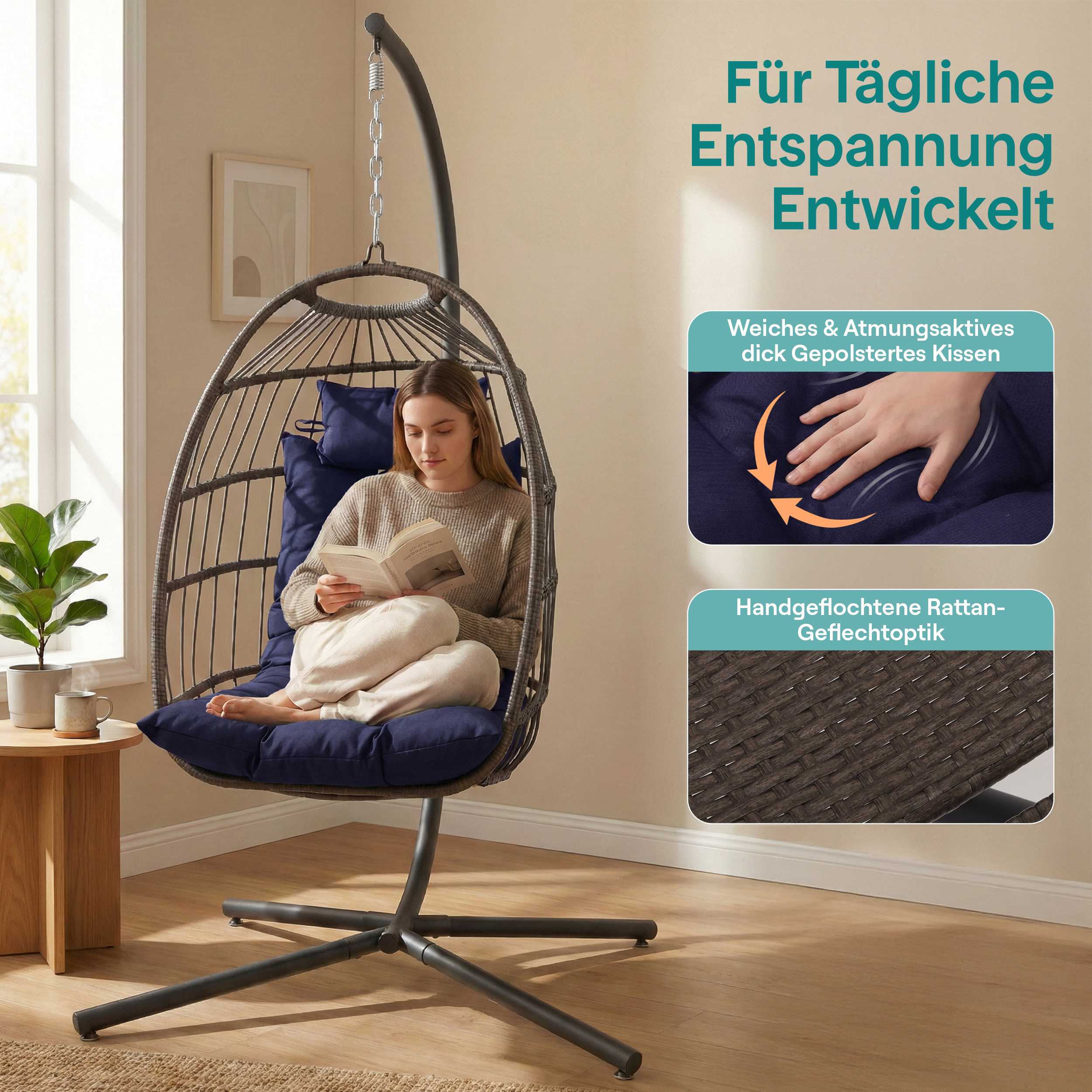 Frau liest in einem Hängesessel mit blauen Kissen neben einem Tisch mit Pflanze und Tasse.