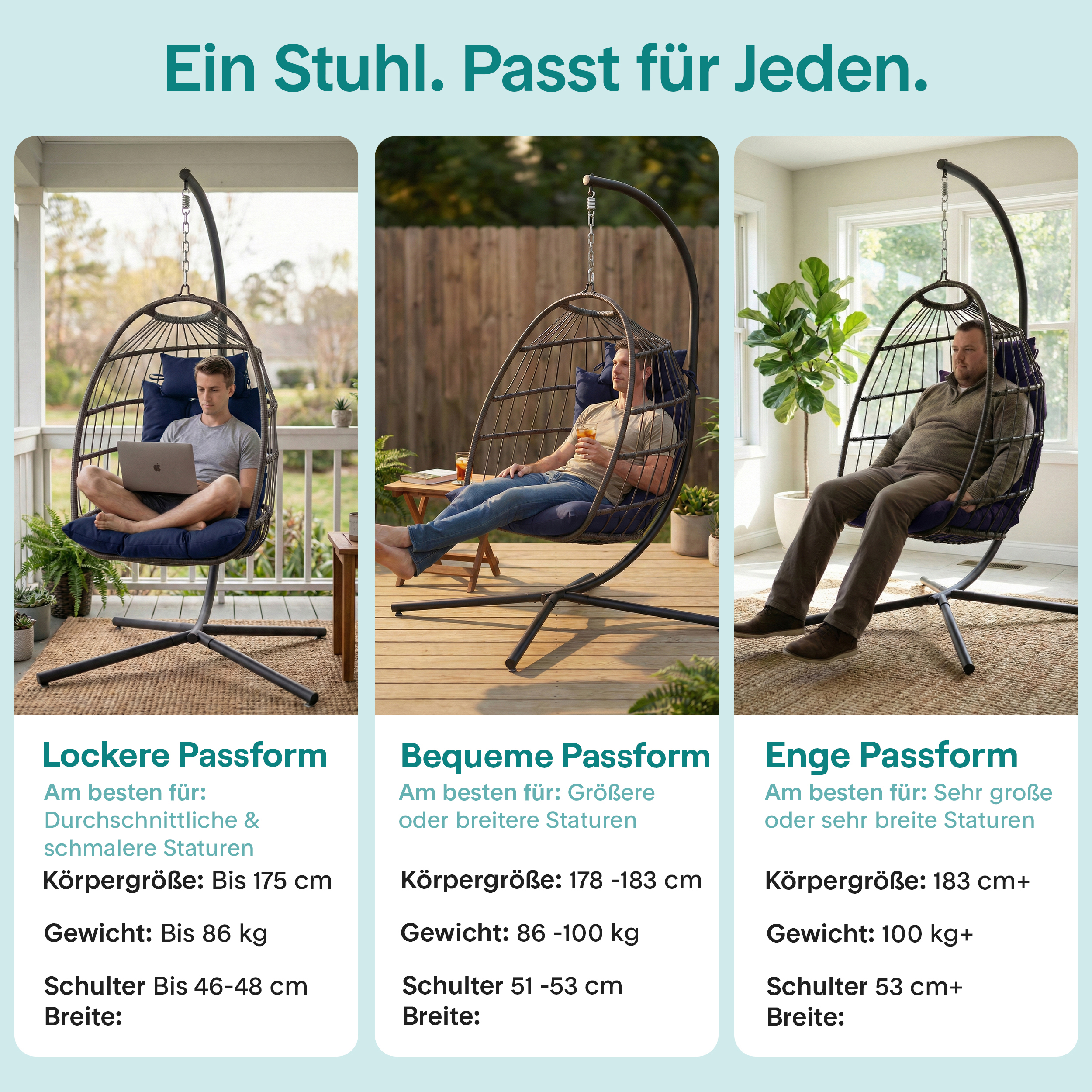 Drei Männer sitzen in Hängesesseln. Ein Mann arbeitet am Laptop.