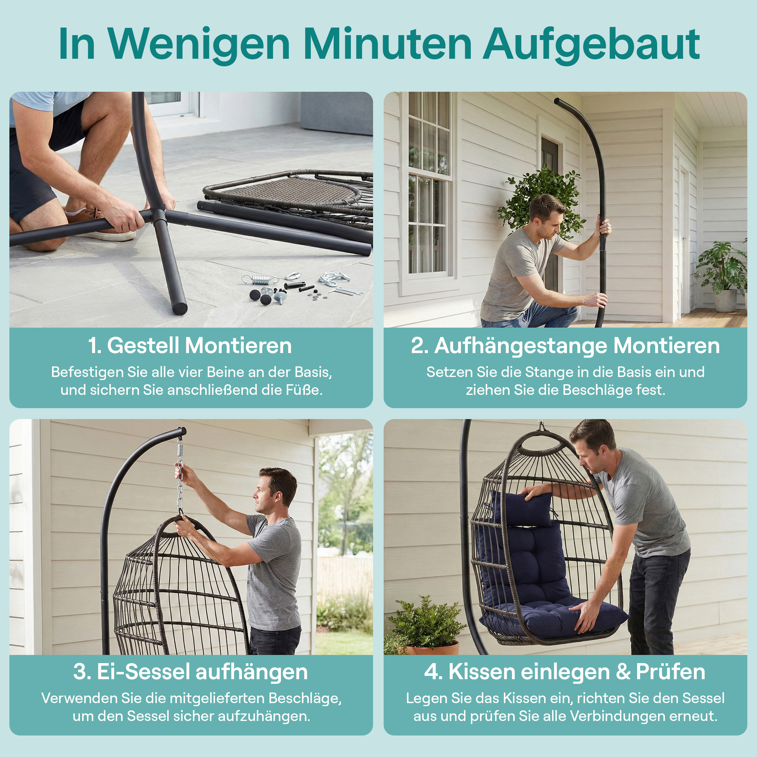 Mann montiert einen Hängesessel in vier Schritten: Gestell, Stange, Aufhängung und Kissen.