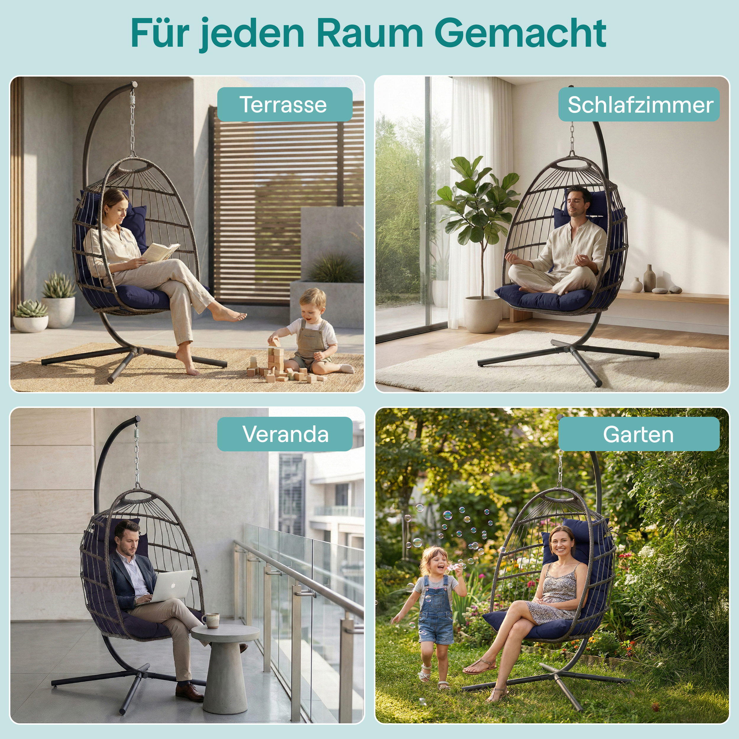 Vier Szenen zeigen Hängesessel in Terrassen-, Schlafzimmer-, Veranda- und Garteneinstellungen.