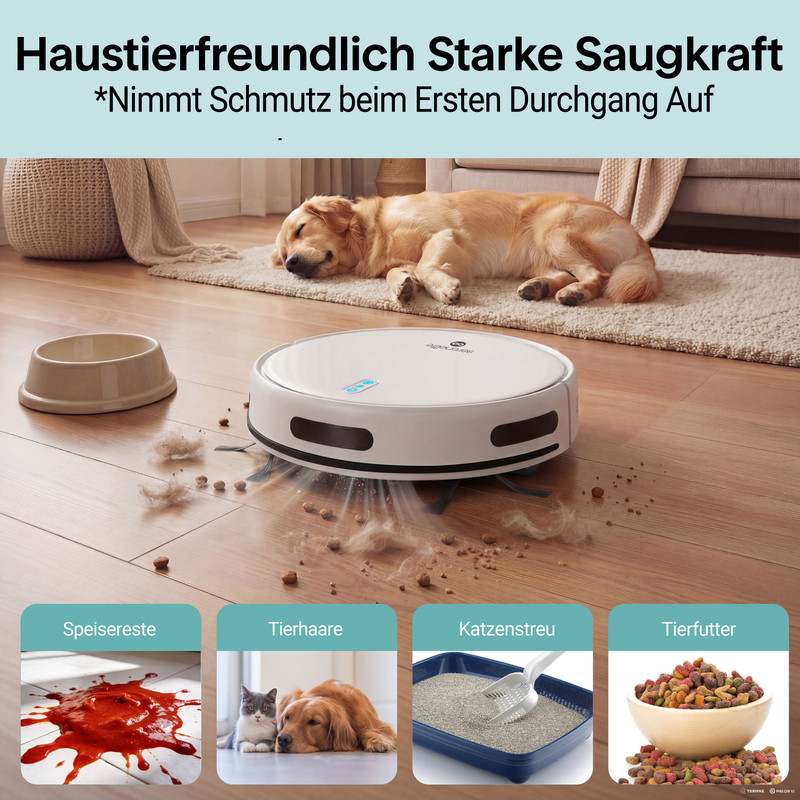 Ein Saugroboter reinigt auf einem Holzboden, während ein Hund schläft.