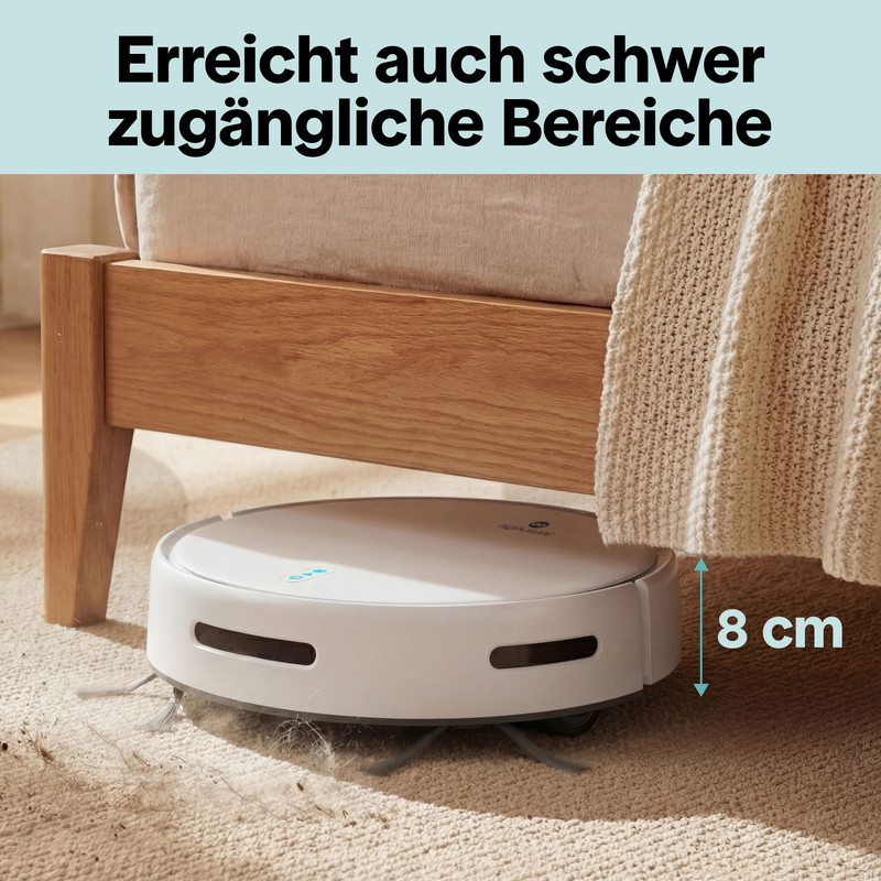 Ein weißer Saugroboter reinigt unter einem Bettgestell aus Holz.