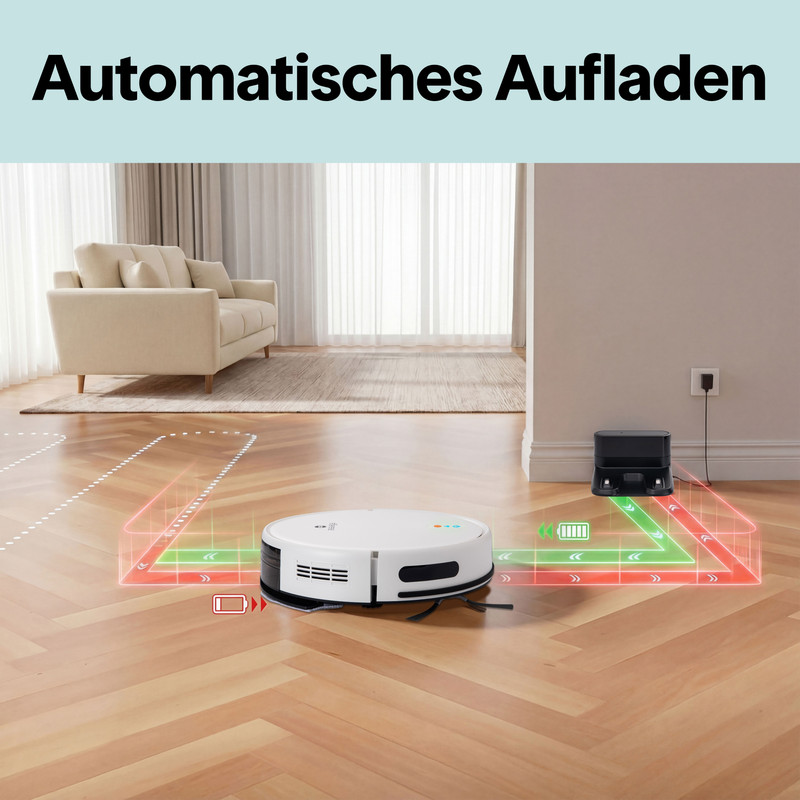 Ein Saugroboter fährt auf einem Holzboden zur Ladestation. Grafiken zeigen den Weg.