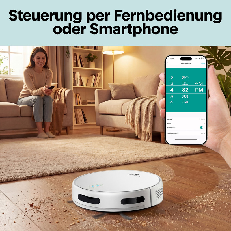 Ein Saugroboter reinigt den Boden, während eine Frau auf dem Sofa sitzt und ein Smartphone bedient.