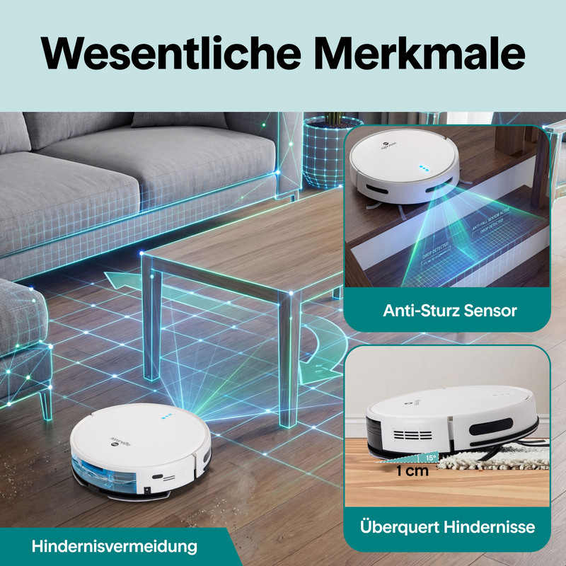 Ein weißer Saugroboter navigiert in einem Wohnzimmer und vermeidet Hindernisse.