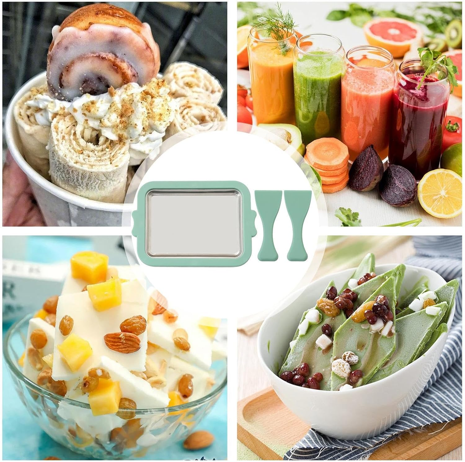 Collage mit gefrorenem Joghurt, Smoothies, Eis und Eisbereiter.