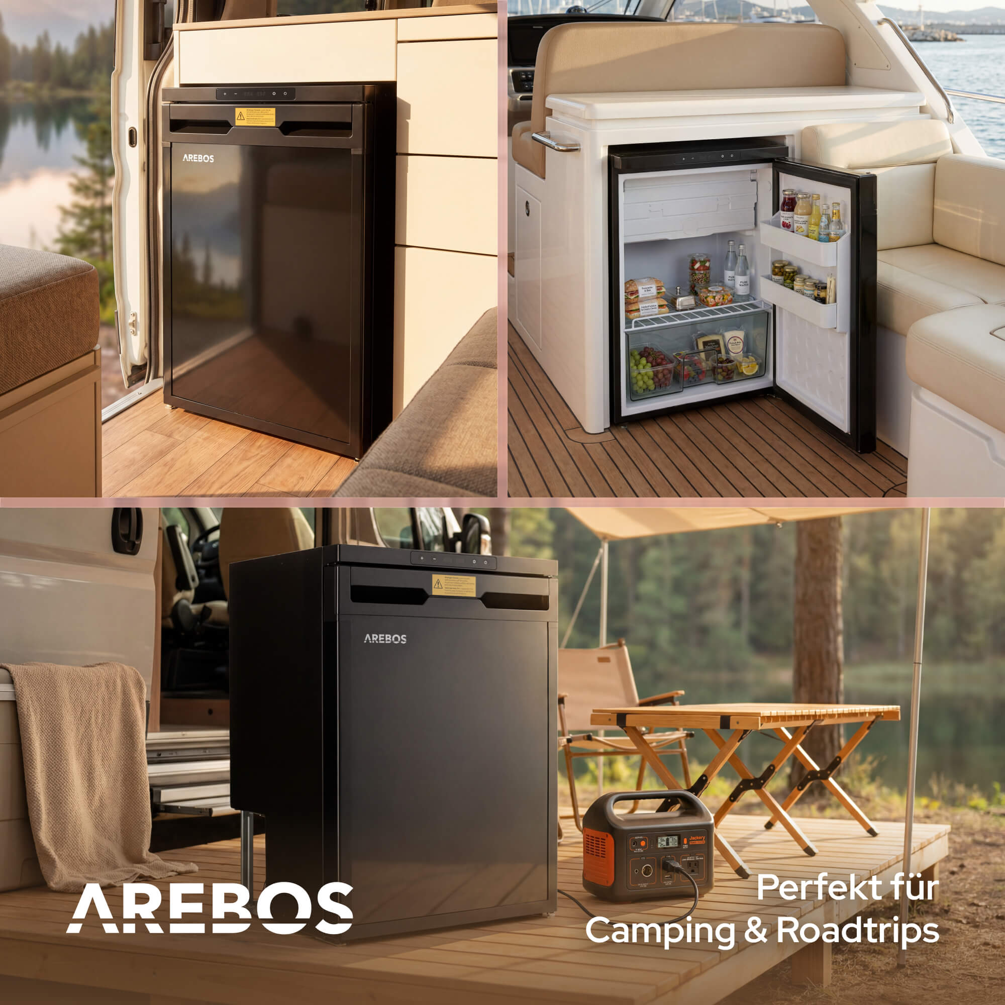 Kühlschrank im Wohnmobil, Boot und beim Camping mit faltbarem Tisch.