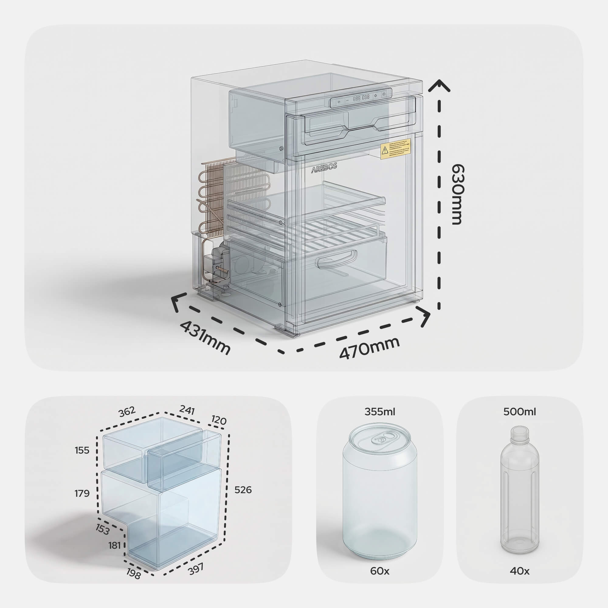 Eine transparente Kühleinheit mit Innenregalen, Schublade und Außenmaßen.