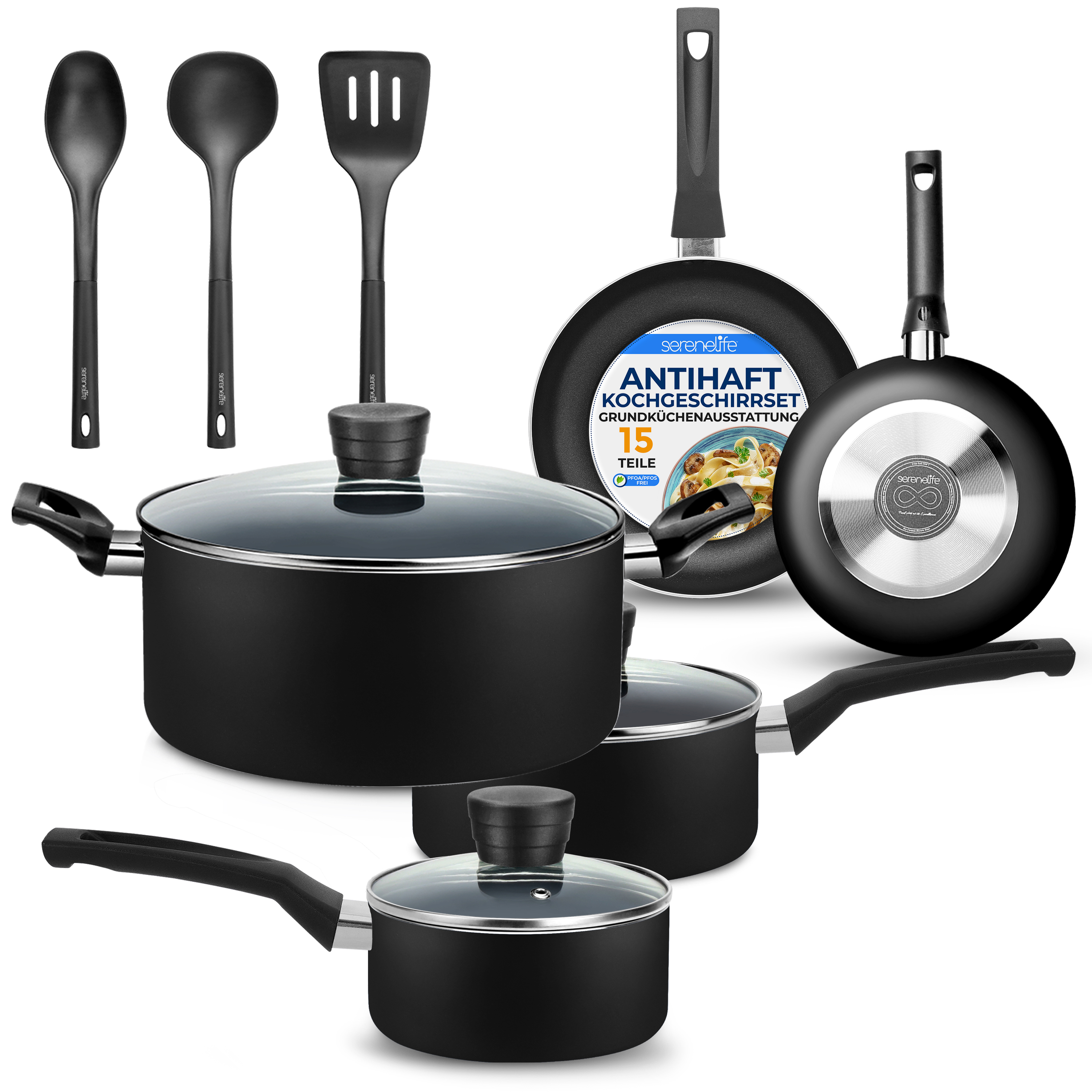 Schwarzes Kochgeschirr-Set mit Kochutensilien und Pfannen.
