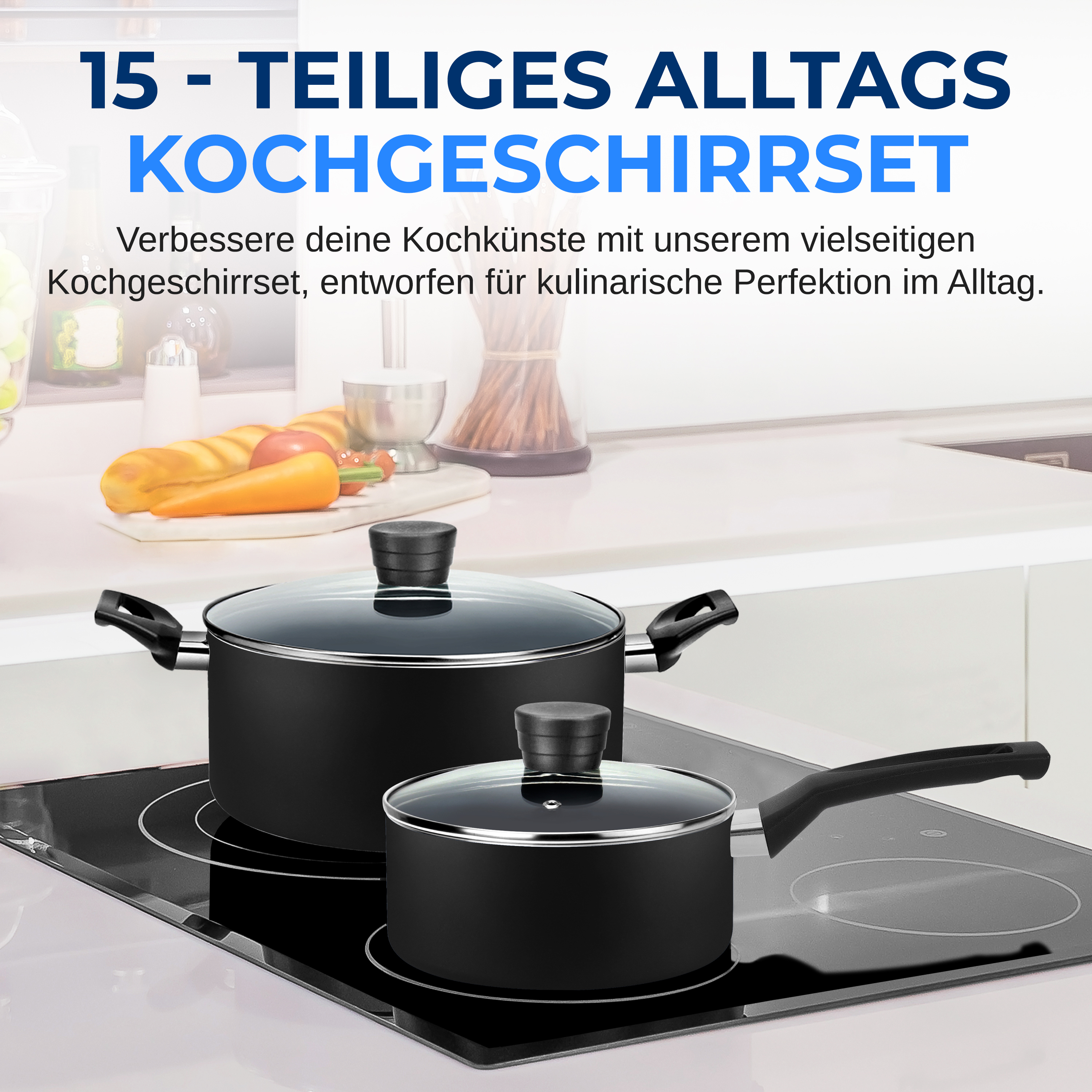 Zwei schwarze Kochtopfe mit Glasdeckeln stehen auf einem Kochfeld.