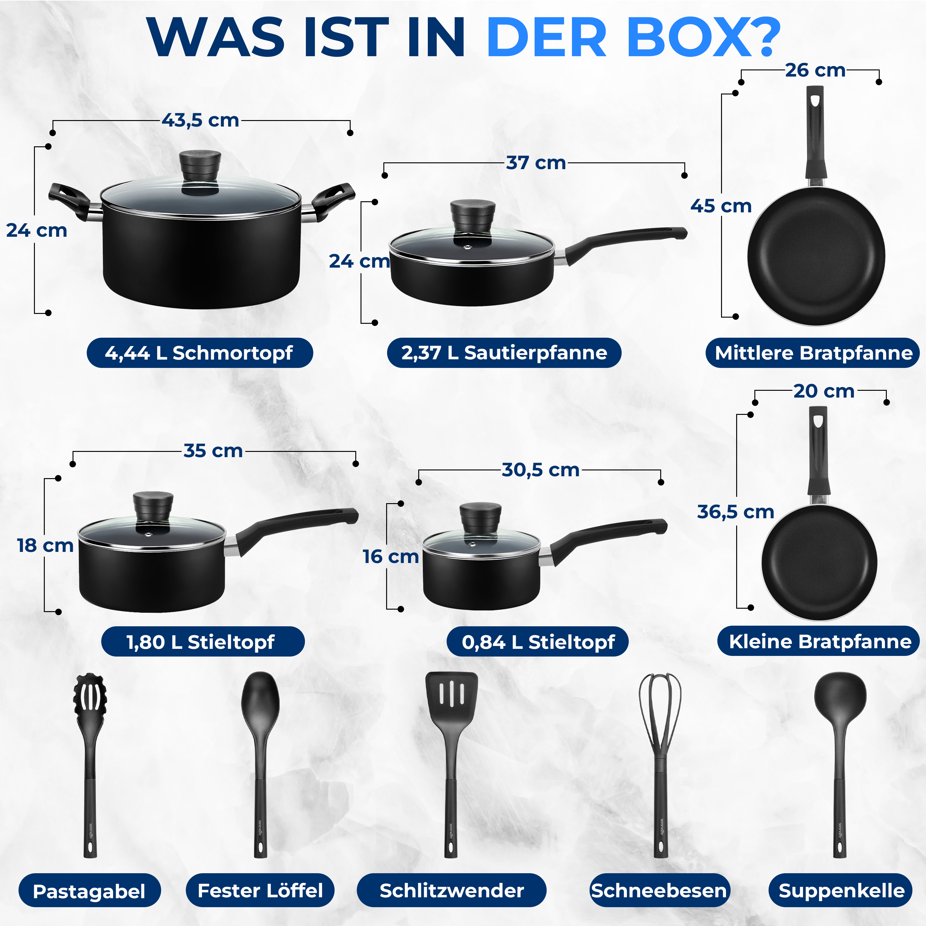 Mehrere schwarze Kochutensilien mit Größenangaben.