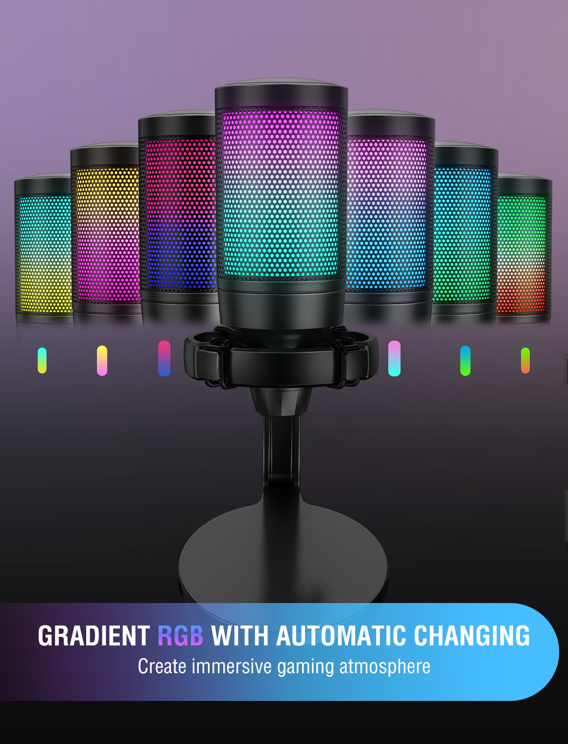 Mehrere Mikrofone mit RGB-Beleuchtung in verschiedenen Farben auf einem dunklen Hintergrund.