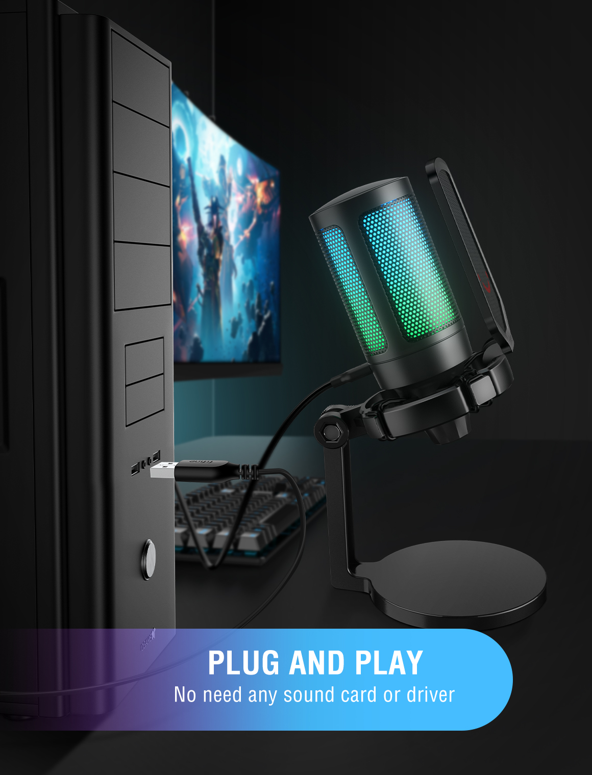 Ein schwarzes Mikrofon mit RGB-Beleuchtung, angeschlossen an einen PC neben einem Monitor.