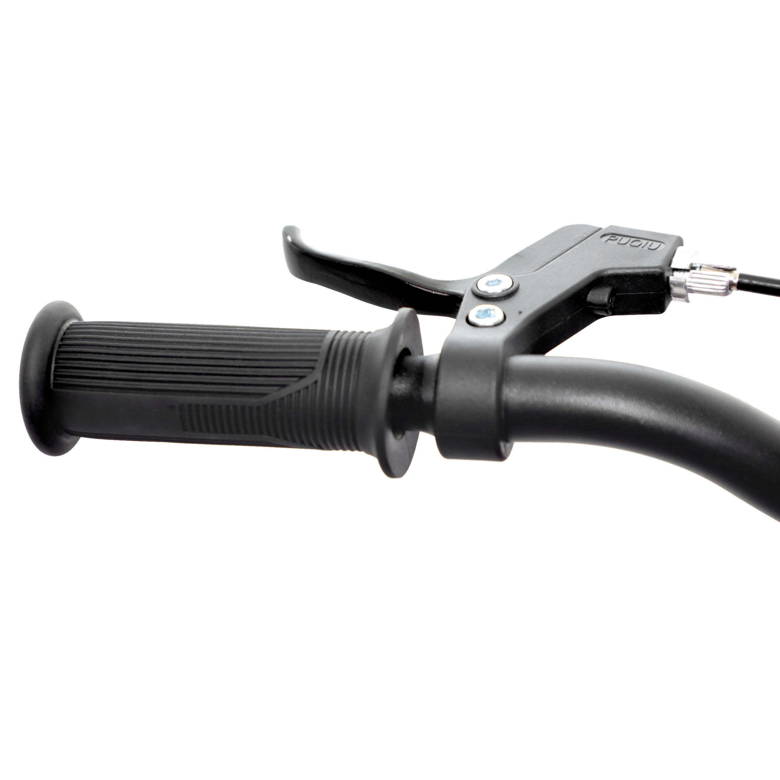 Schwarzer Fahrradlenkergriff mit Bremshebel und Kabel.