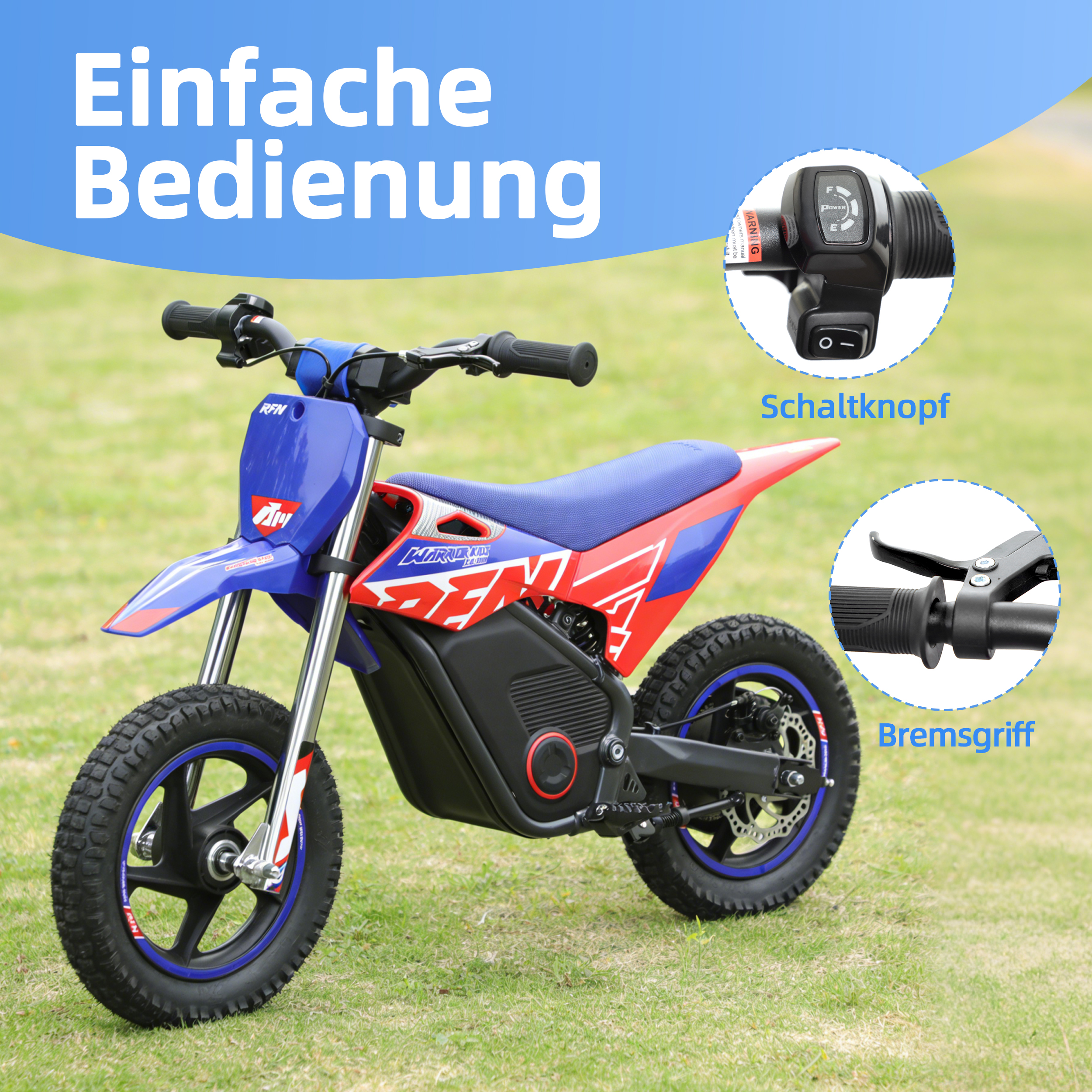 Ein blau-rotes Elektromotorrad steht auf einer Wiese mit Detailaufnahmen des Schalters und Griffs.
